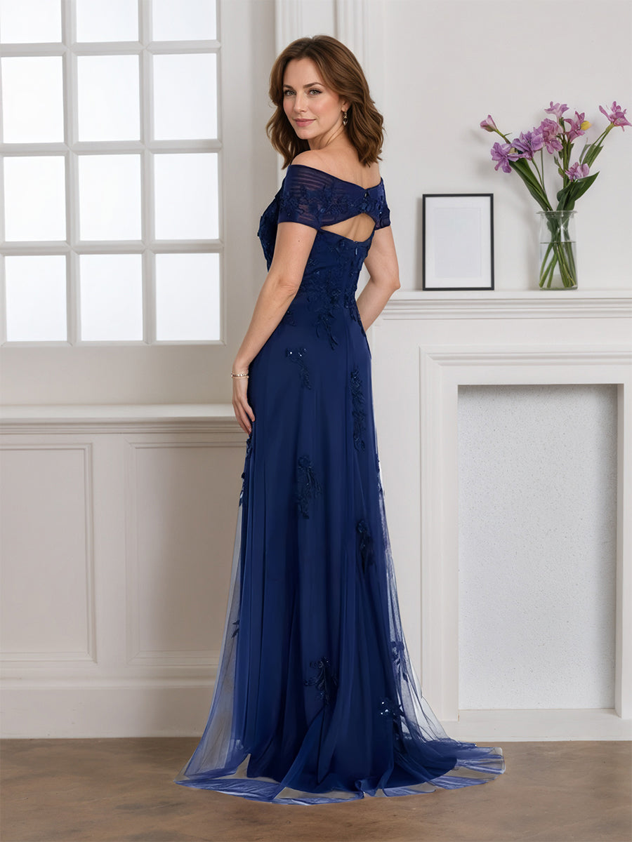 Cicinia Bleu Marine Robe pour Mère de la Mariée Longue A-Line en Tulle Épaules Dénudées Appliqués Dentelle