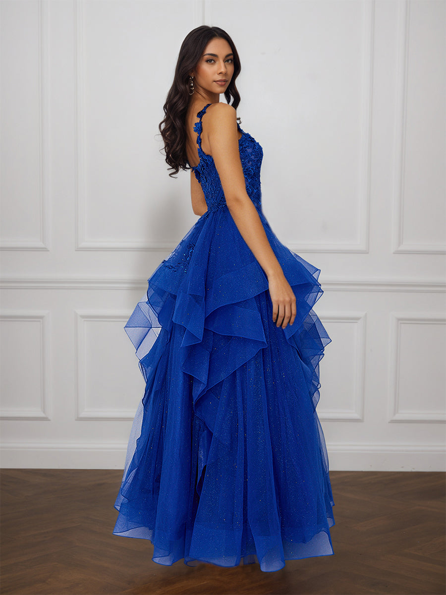 Cicinia Bleu Royal Robe de Soirée Longue en Tulle Appliqués Dentelle A-Line Longueur Sol à Volants