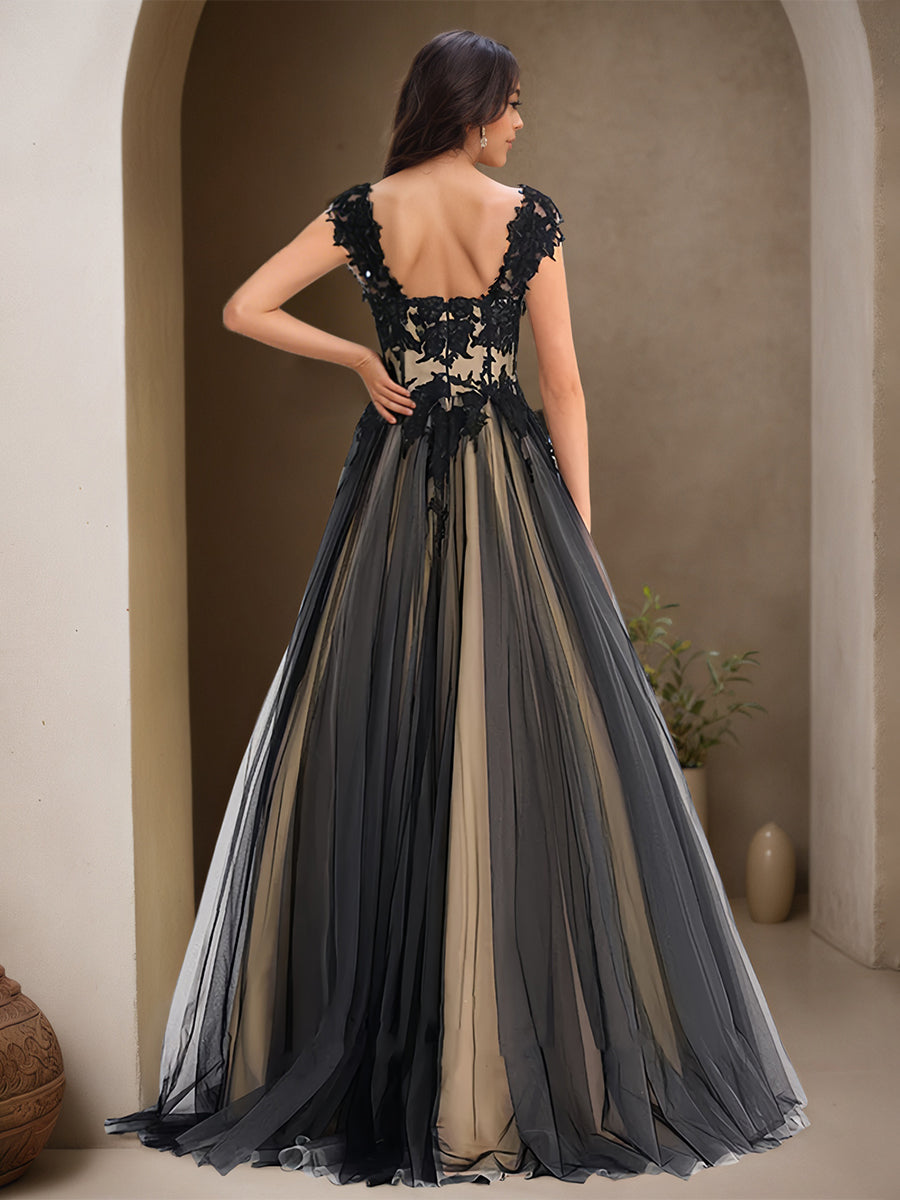 Cicinia Noir Robe de Soirée Longue en Tulle Appliqués Dentelle A-Line Traîne Balayée