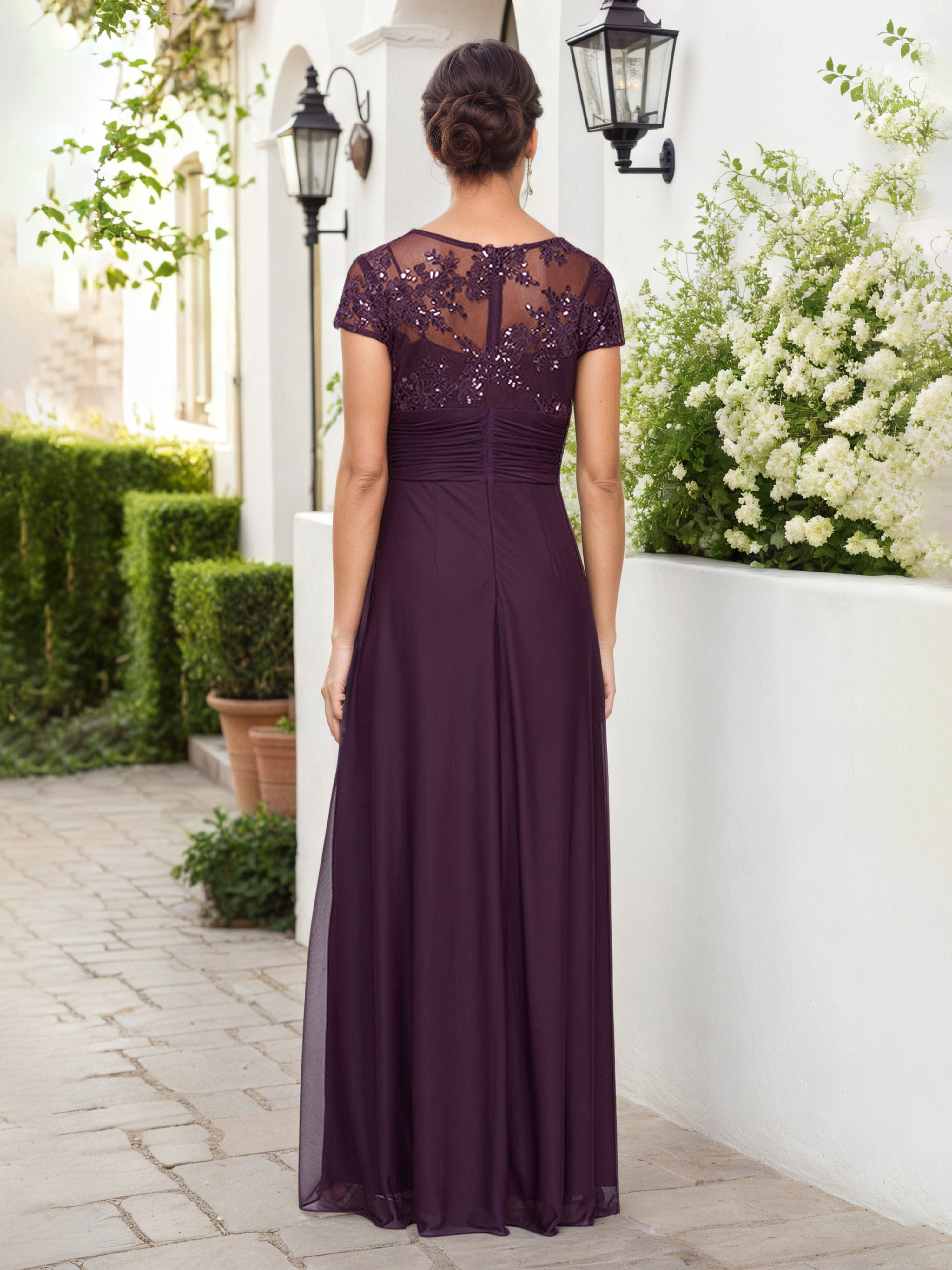 Robe Mere dela Mariee Aubergine Trapèze Col V Manchette Robe Longue Plissée