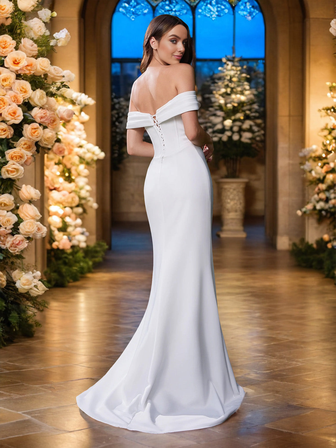 Epaule Dénudée Satin Extensible Robe de Mariage avec la Traîne de Balayage/Pinceau
