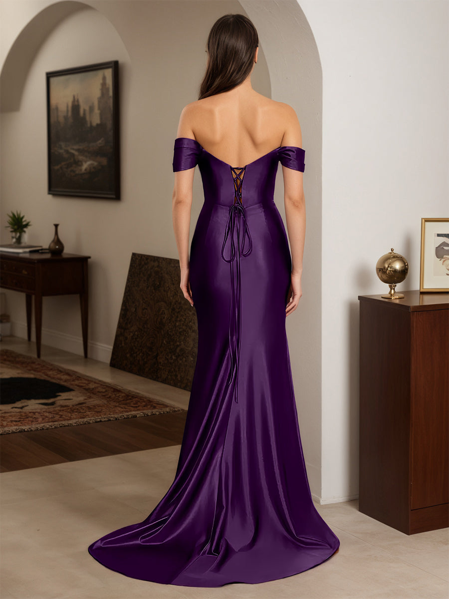 Cicinia Robe de Soirée Raisin Longue Fourreau Perlé Épaules Dénudées Dos Nud