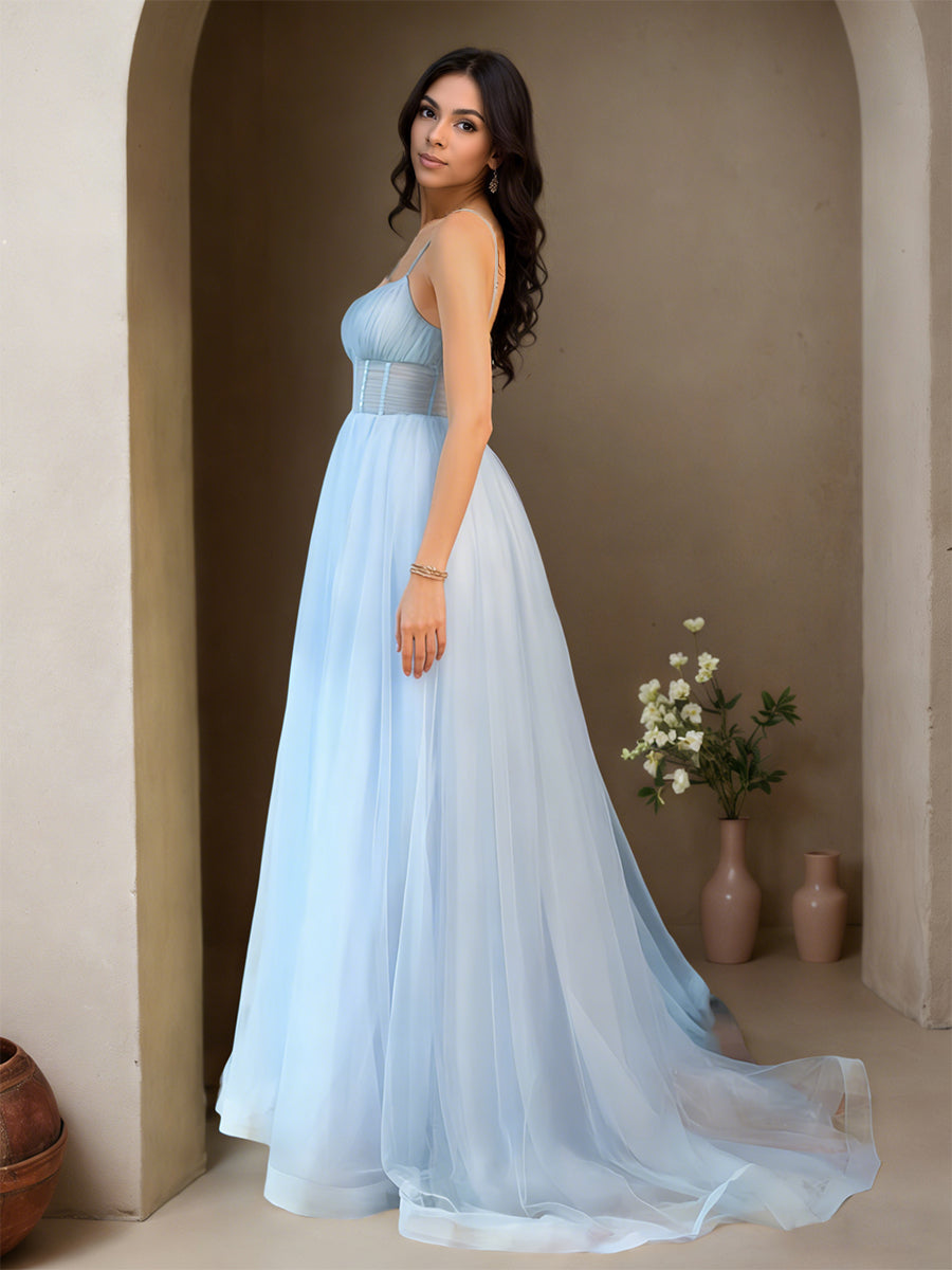 Cicinia Bleu Ciel Robe de Soirée Longue en Tulle A-Line Bretelles Spaghetti Style Féerique