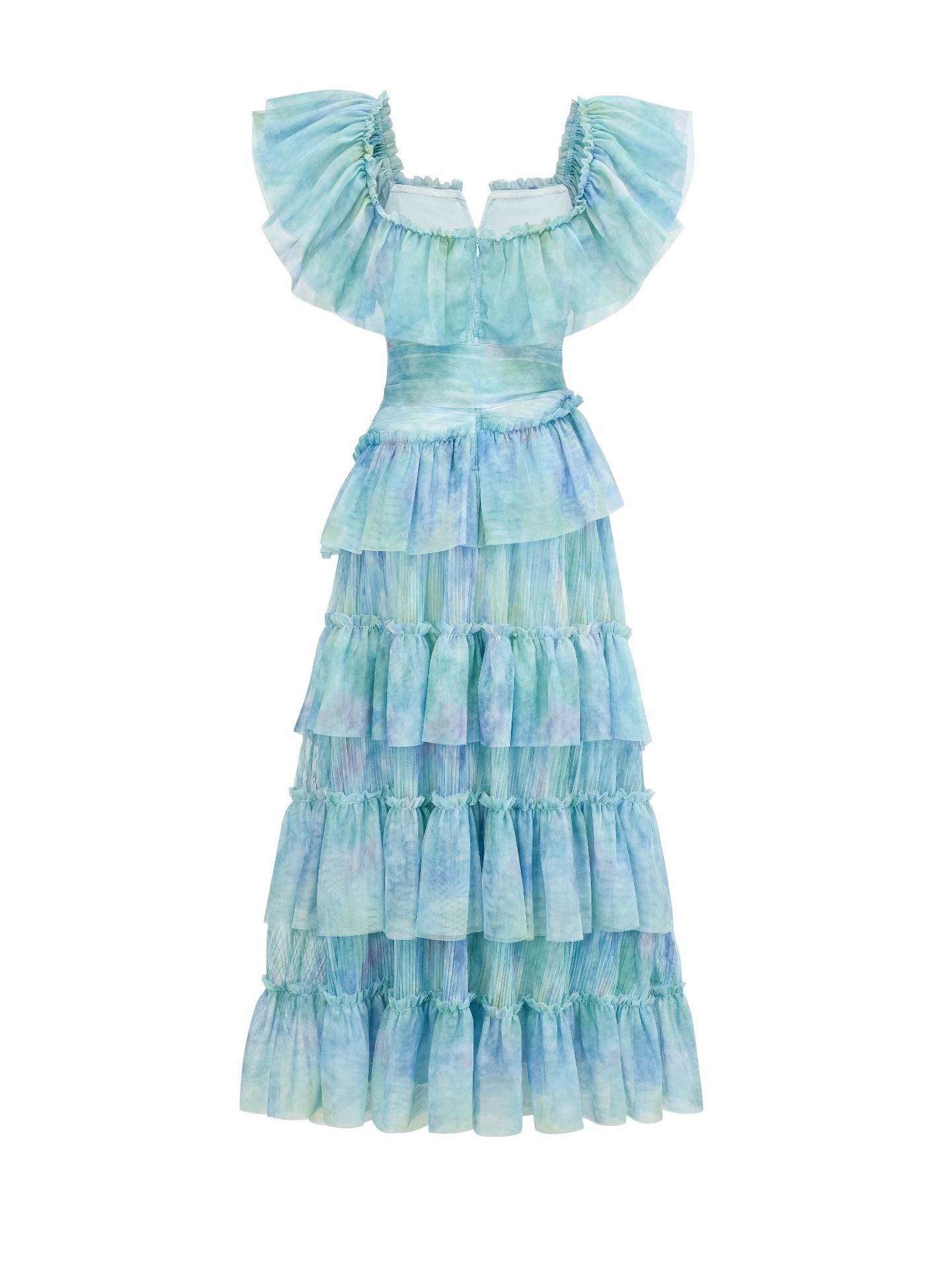 Robe Trapèze Col Carré à Volants Manches Courtes Robe de Soirée en Bleu