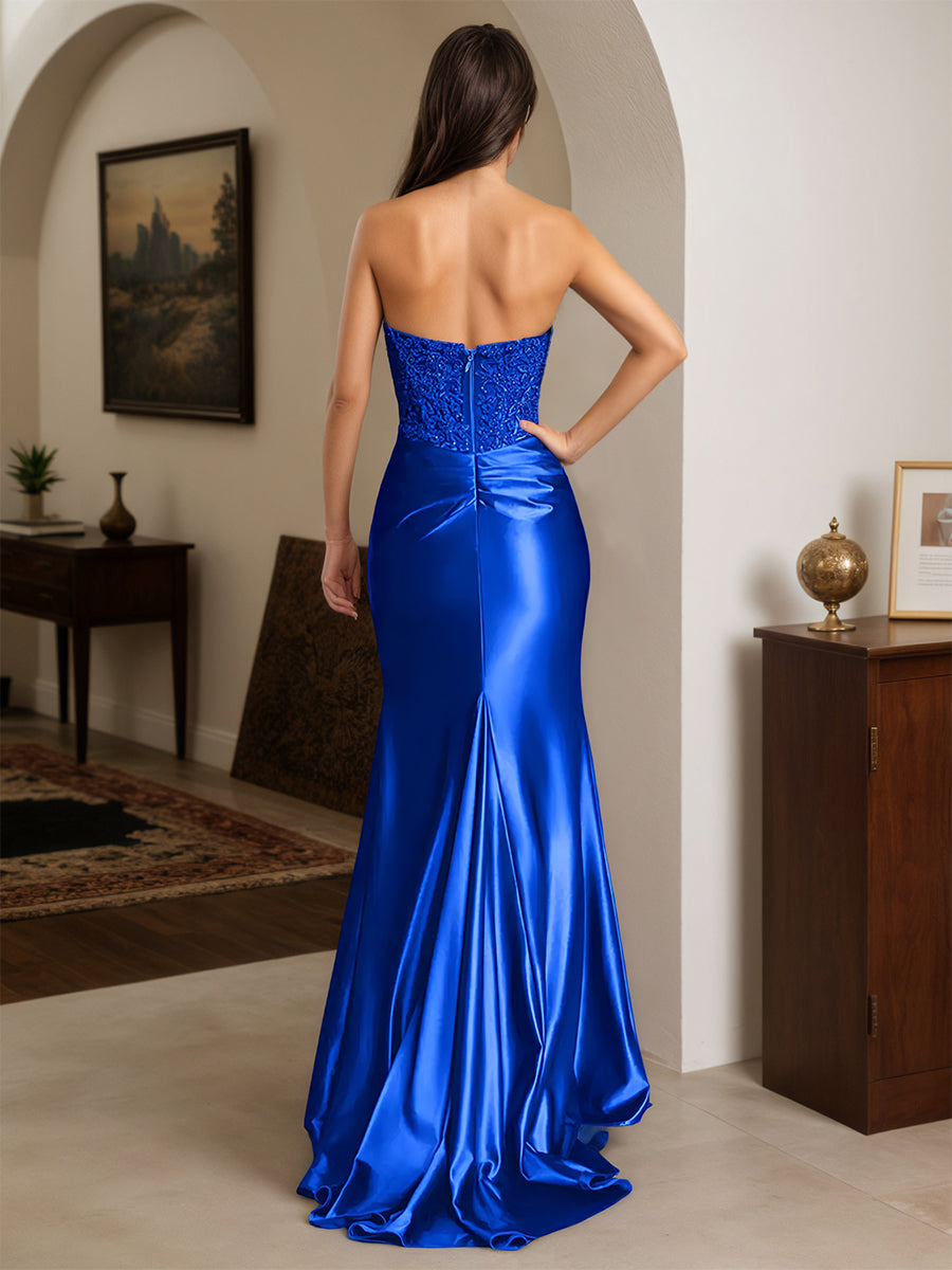 Cicinia Robe de Soirée BLEU ROYALE Longue en Satin Extensible Fourreau sans Bretelles Appliqués Dentelle