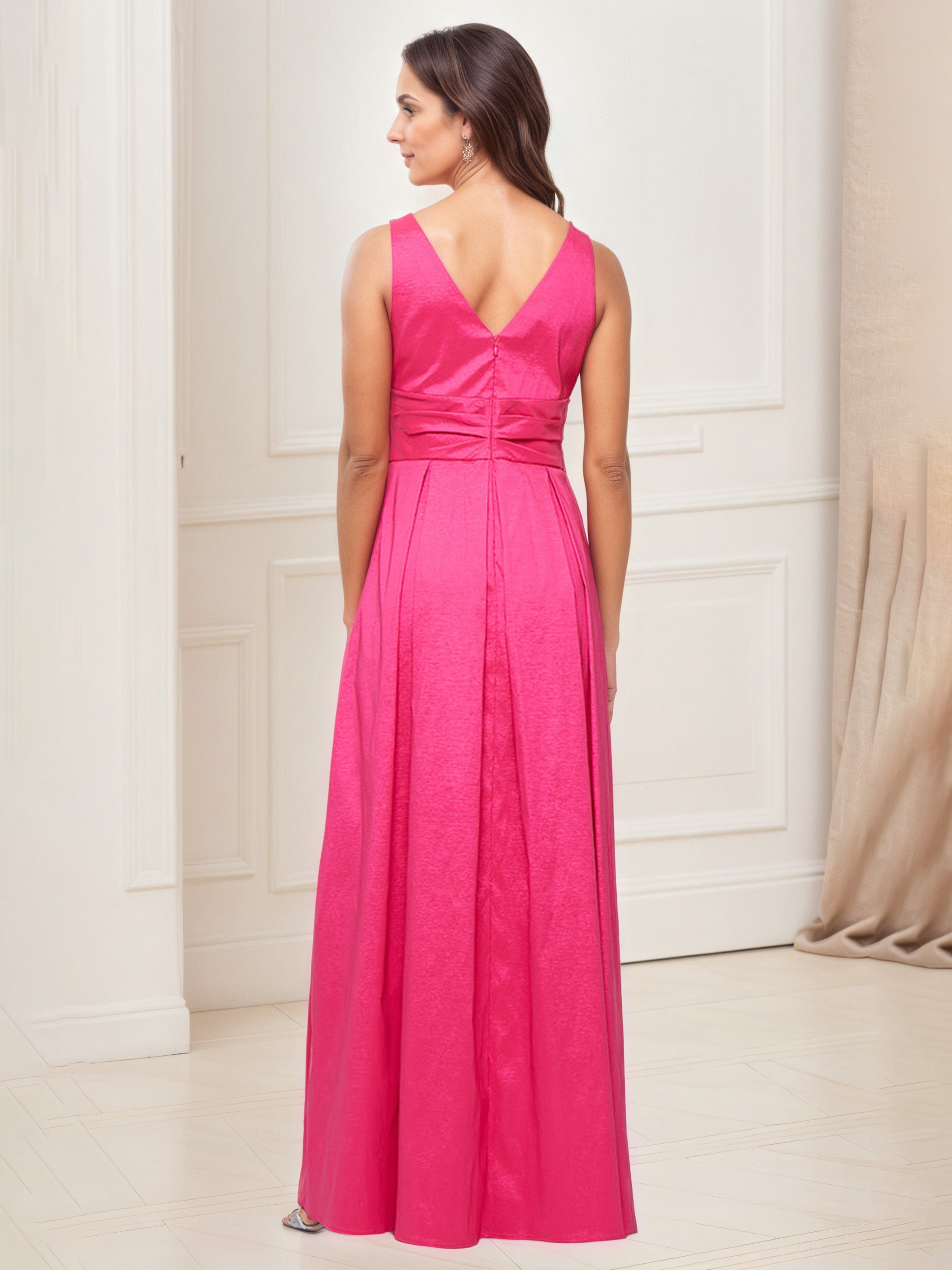 Robe Mere dela Mariee FUCHSIA Trapèze Col V Sans Manches Robe Longue Avec Poches