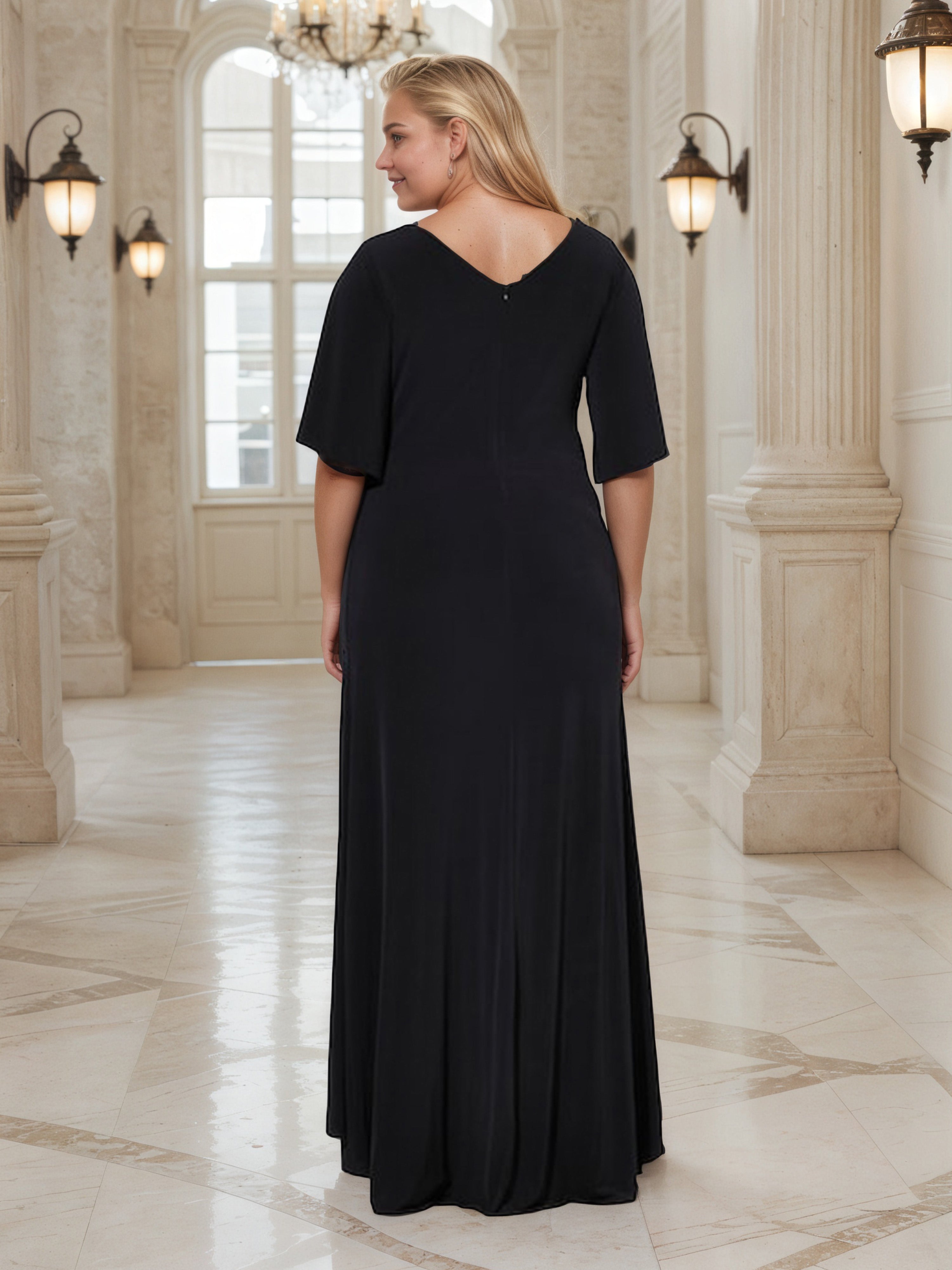 Robe de Bal à Encolure V et Demi-Manches Grande Taille avec Fente
