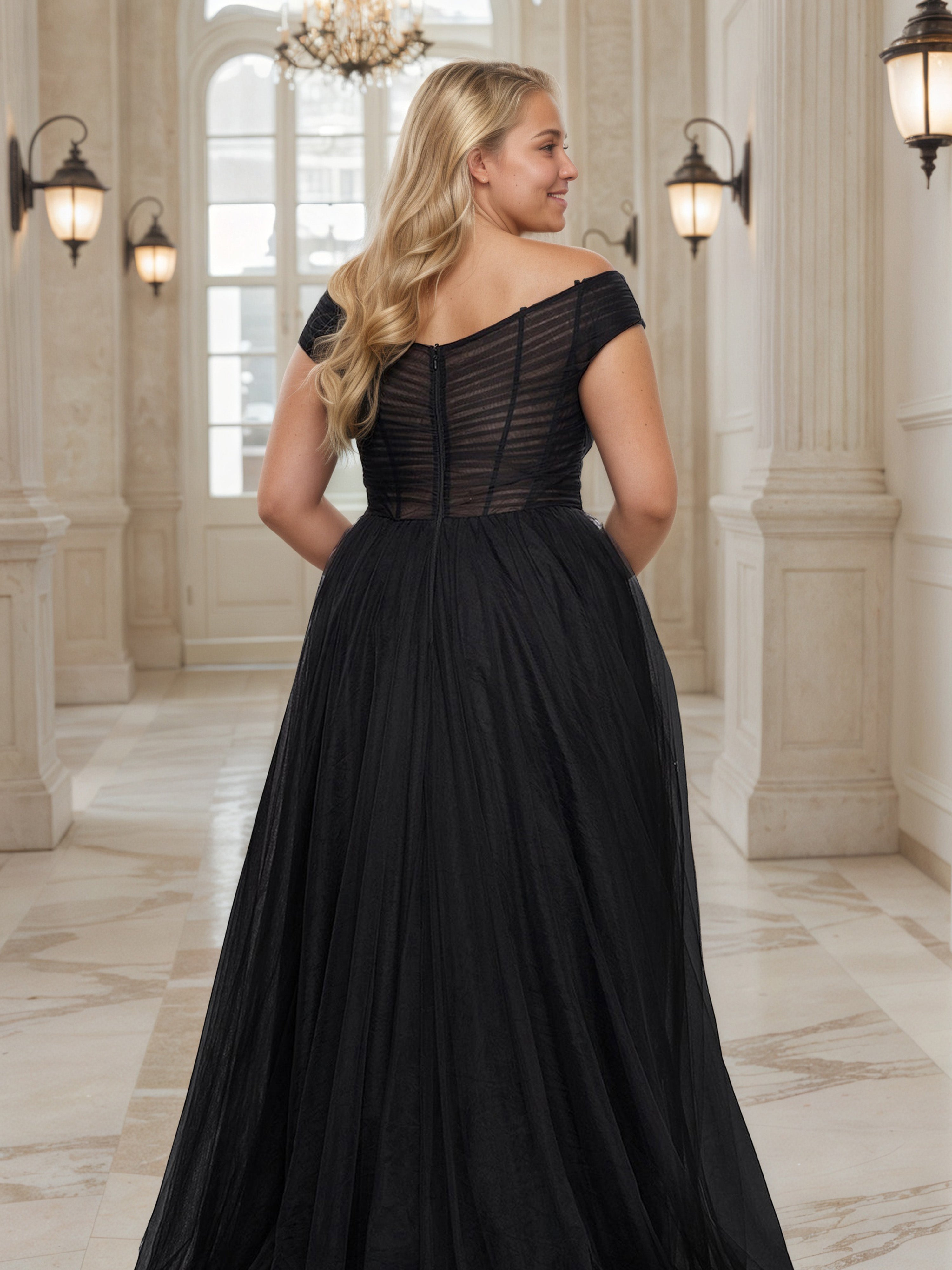 Robe de Bal Noire Epaules Dénudées Trapèze Grande Taille Longue