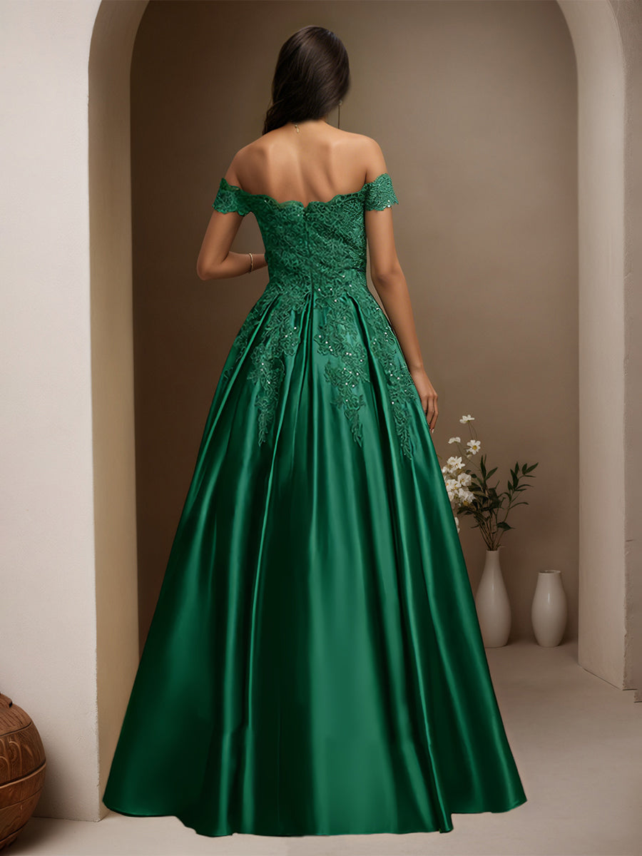 Cicinia Vert Foncé Robe de Soirée Longue en Satin Appliqués Dentelle A-Line Épaules Dénudées Longueur Sol
