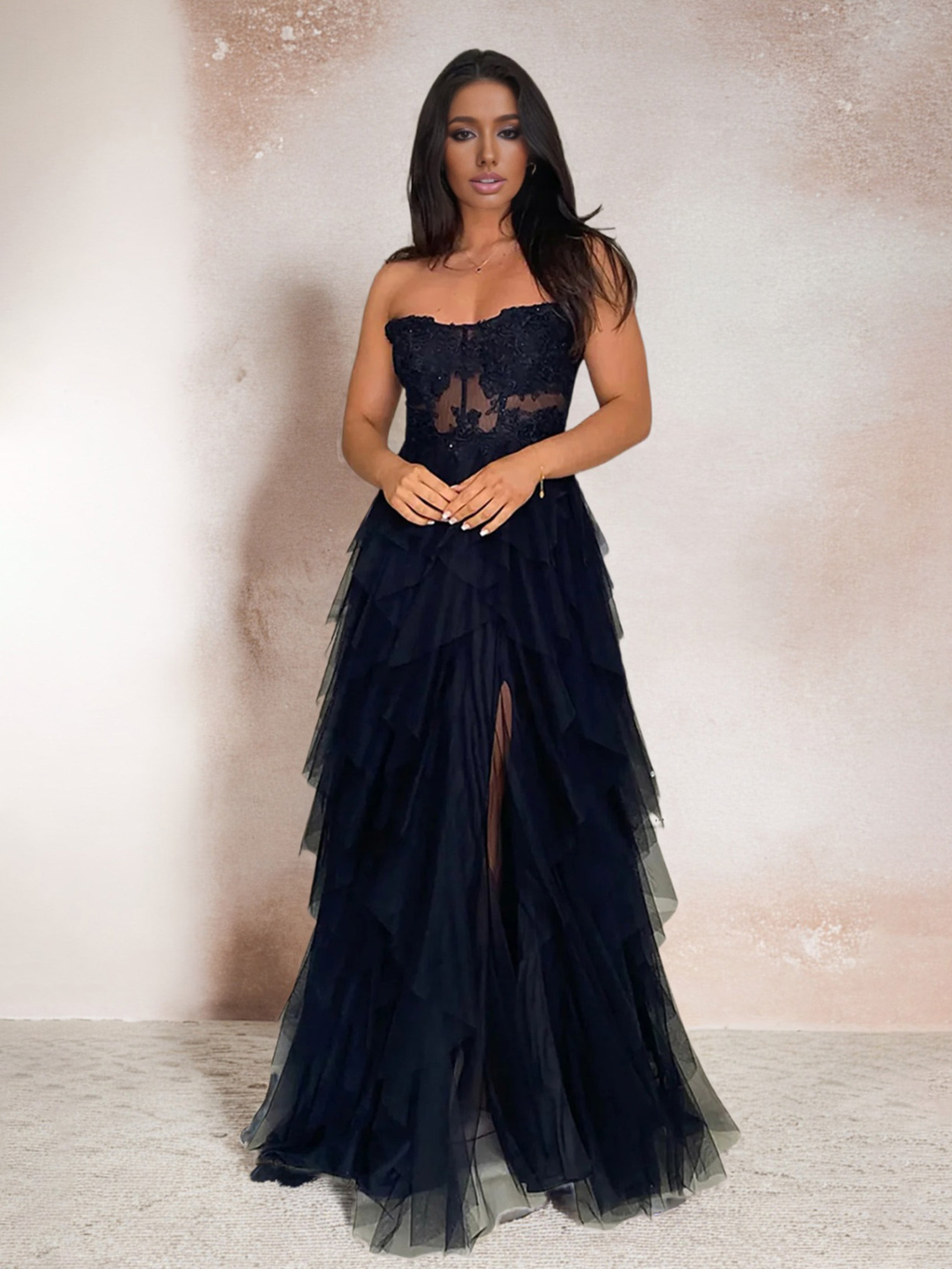 Col Bustier Jupe à étages Trapèze Robe de Soirée en Noir