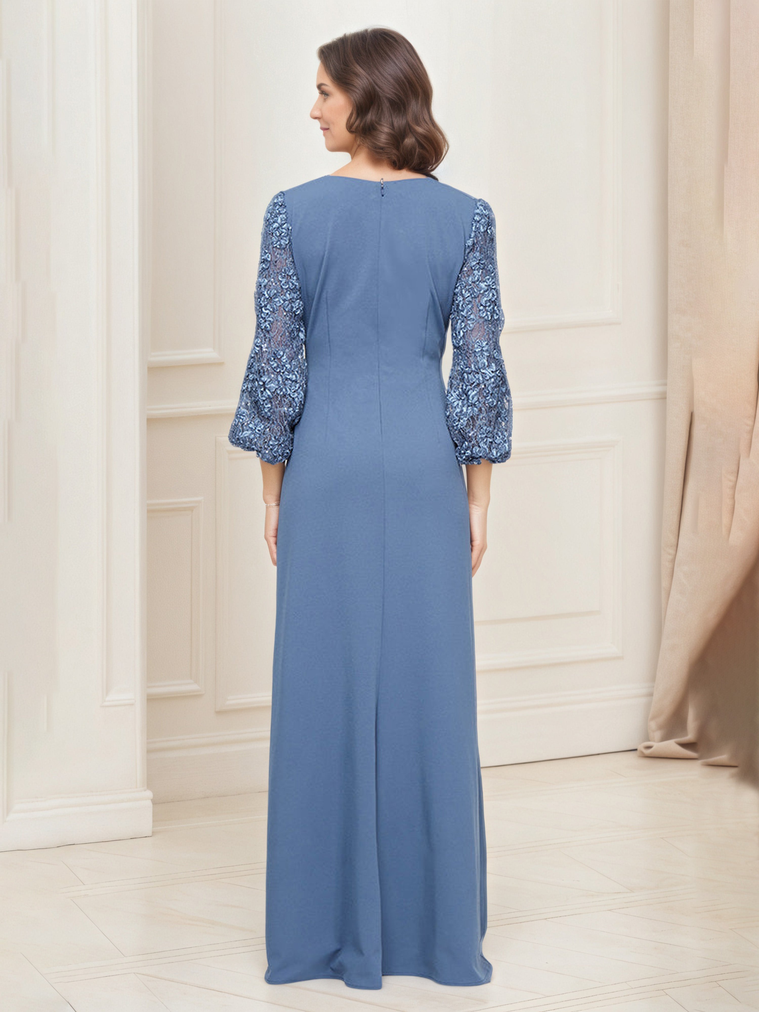 Robe Mère de la Mariée BLEU_DE_SCHISTE Robe Longue Fourreau/Colonne Col V avec Manches Illusion