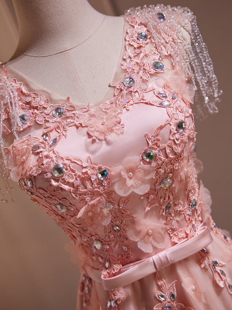 Robe de Soirée en Tulle Col V Rose avec Appliques et Strass