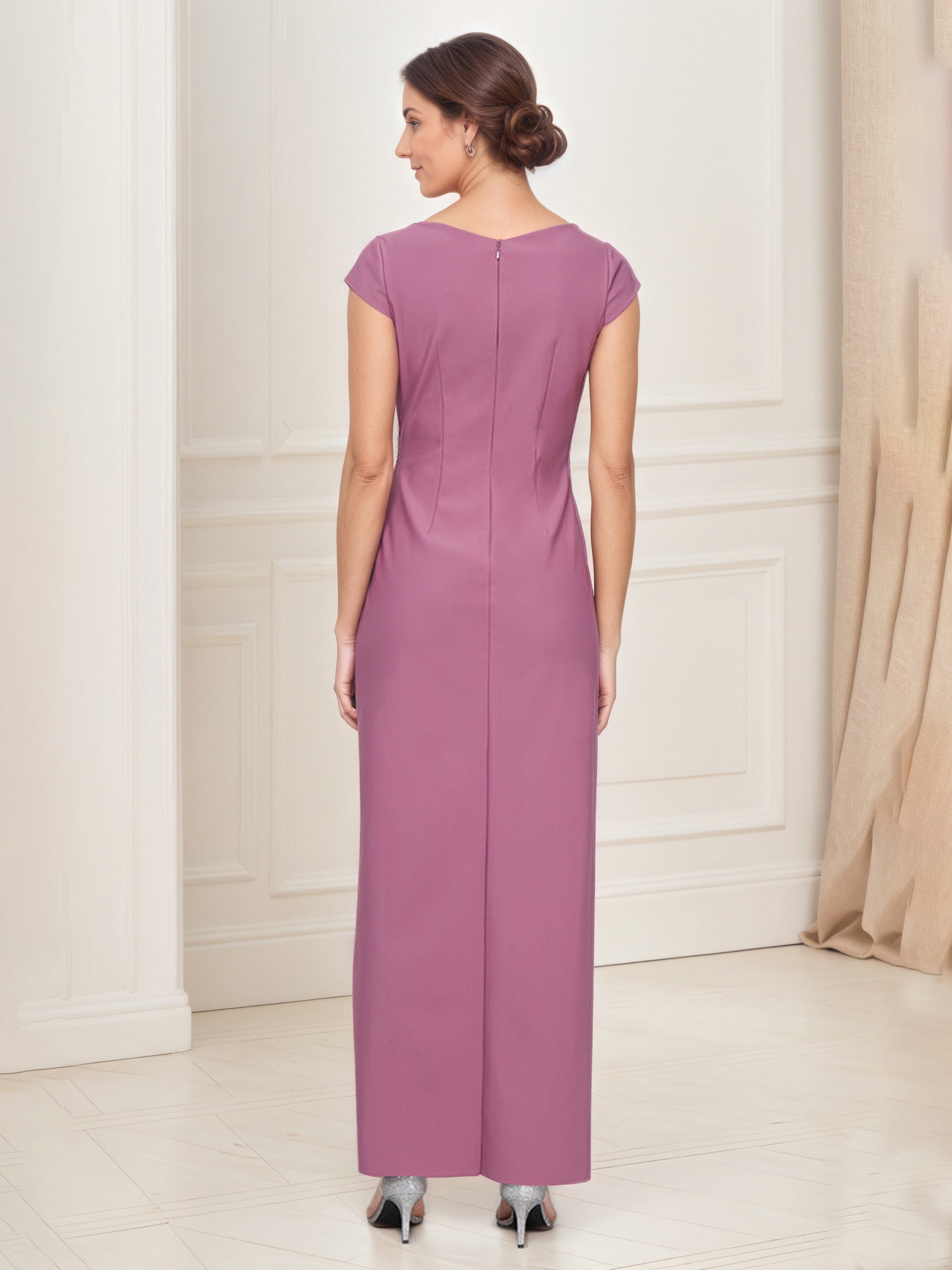 Robe Mère de la Mariée Dark_Mauve Robe Longue Trompette/Sirène Col V Manchette