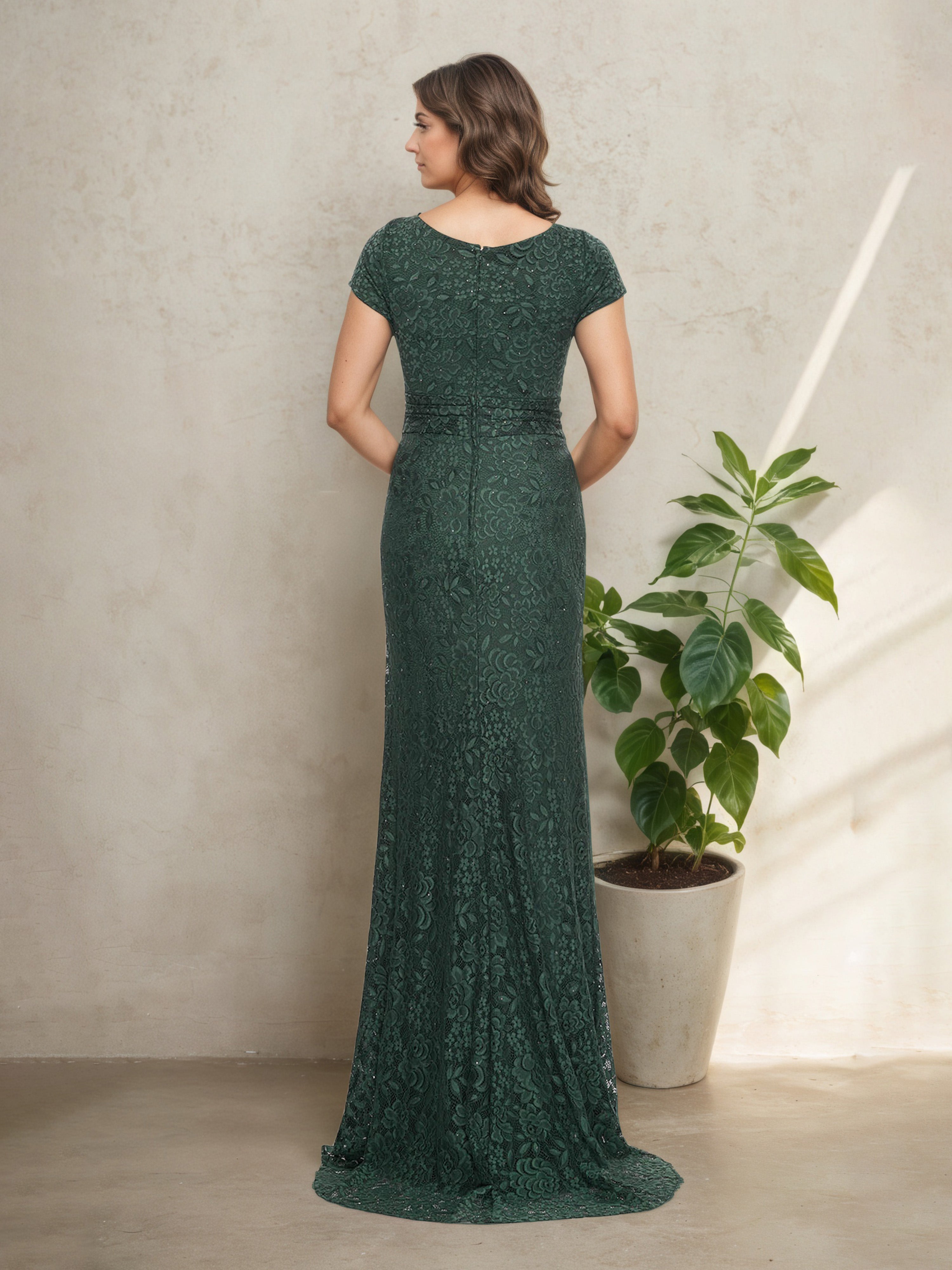 Robe Mère de la Mariée Vert Foncé en Dentelle Silhouette Sheath Longue à Décolleté en V et Manches Ballon