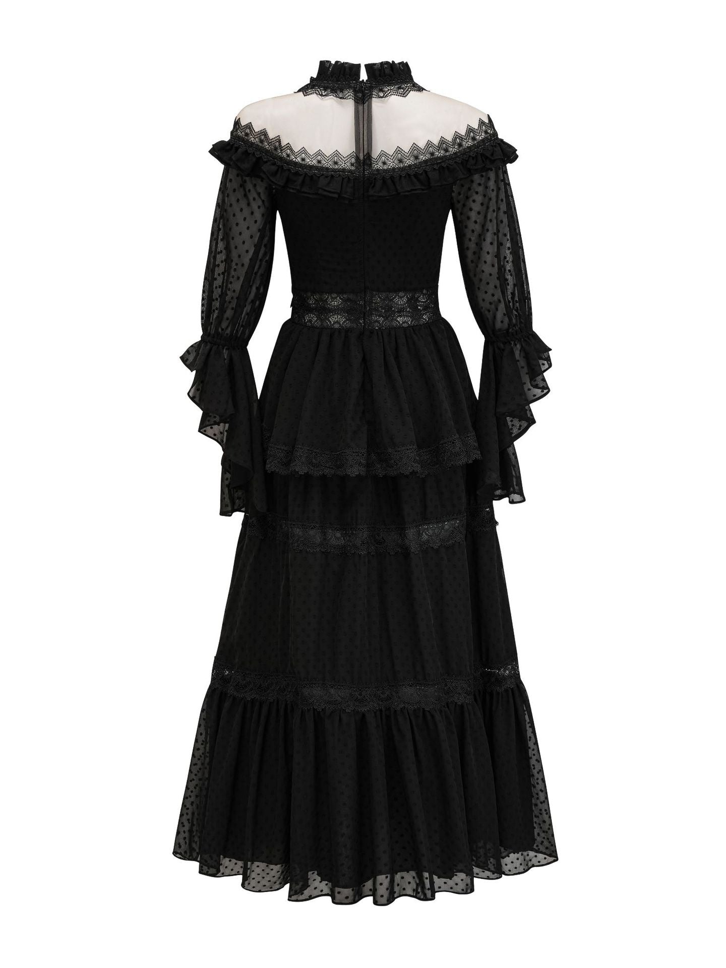 Robe Longue Broderie Empire Col Montant Manches Longues Robe de Soirée en Noir