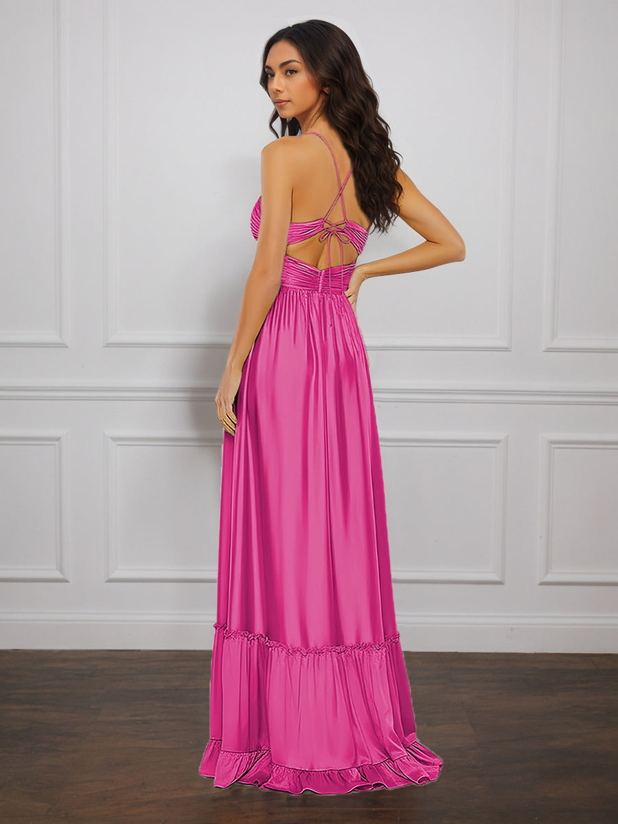 Cicinia FUCHSIA Robe de Soirée Longue en Satin Doux A-Line Bretelles Spaghetti Traîne Balayée