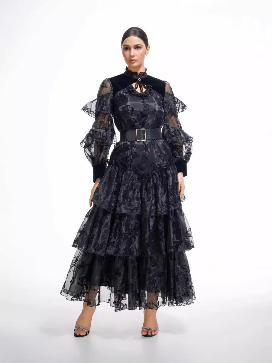 Robe Longue Trapèze Col Roulé Mi-Haut Manches Longues Robe de Soirée en Noir