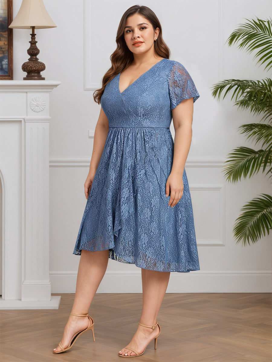 Cicinia BLEU POUDRE Robe pour Mère de la Mariée Longue en Dentelle A-Line Décolleté en V Longueur Midi (Thé) Grande Taille