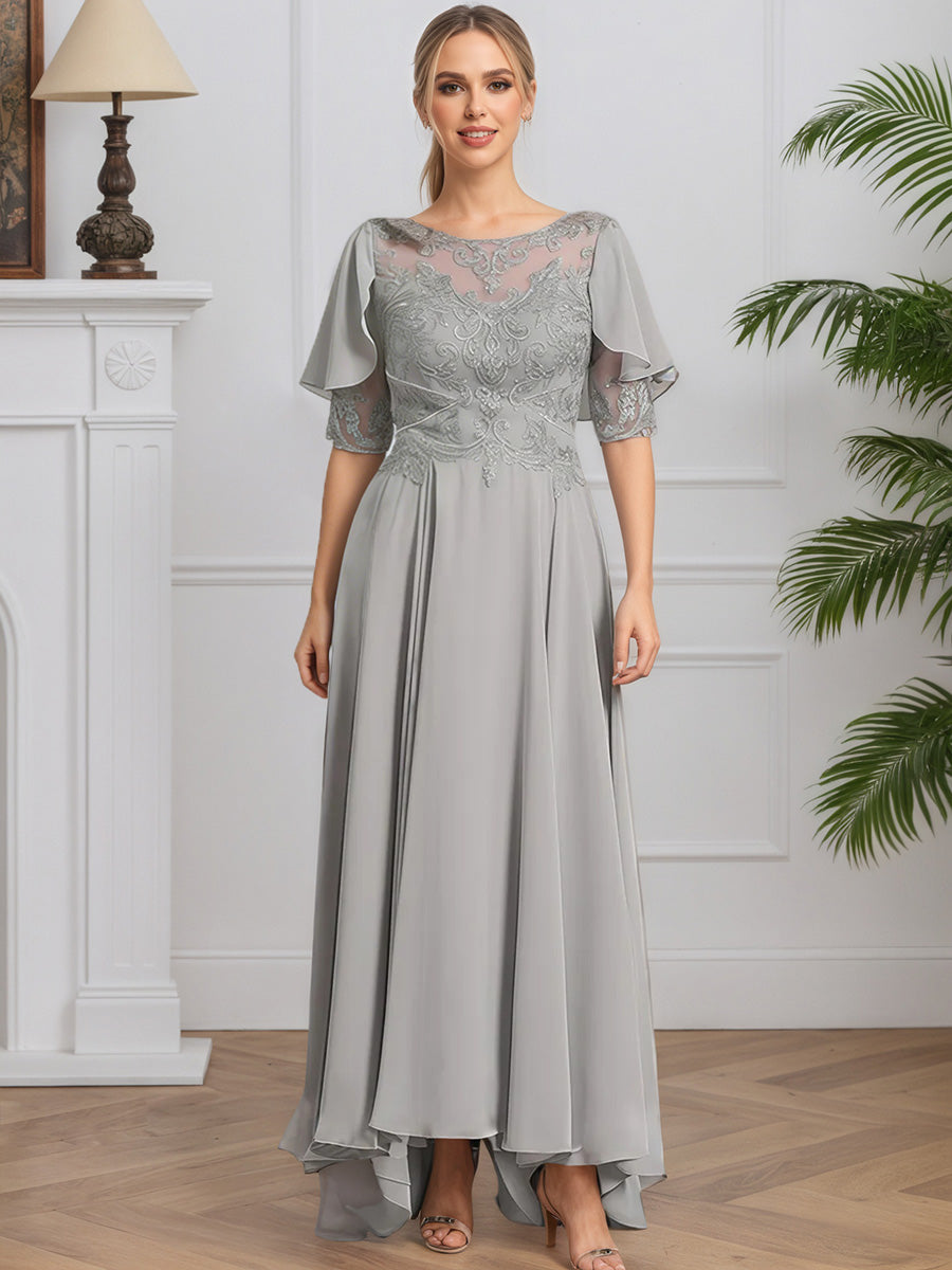 Cicinia Gris Robe pour Mère de la Mariée Longue en Mousseline et Dentelle A-Line Manches Demi-longues