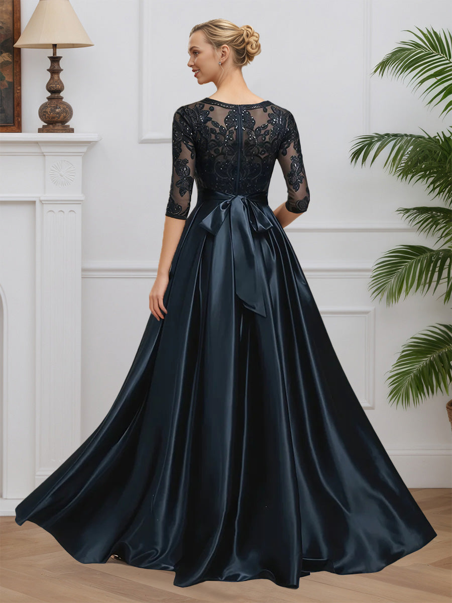 Cicinia Bleu Marine Foncé Robe pour Mère de la Mariée Longue en Satin Doux et Dentelle A-Line Longueur Sol