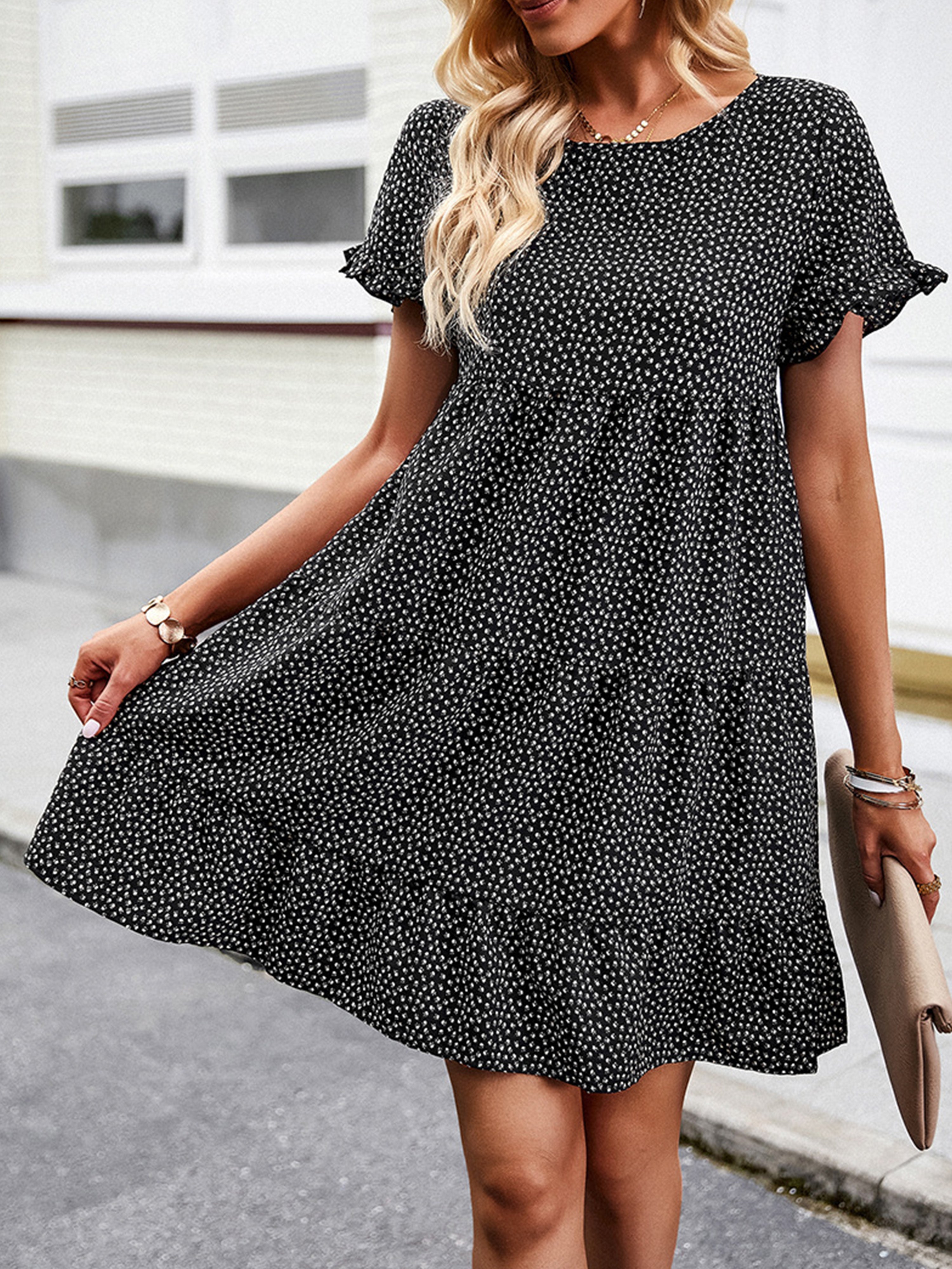 Robe Col Rond Manches Courtes à Volants Robe Invitée de Mariage en Noir