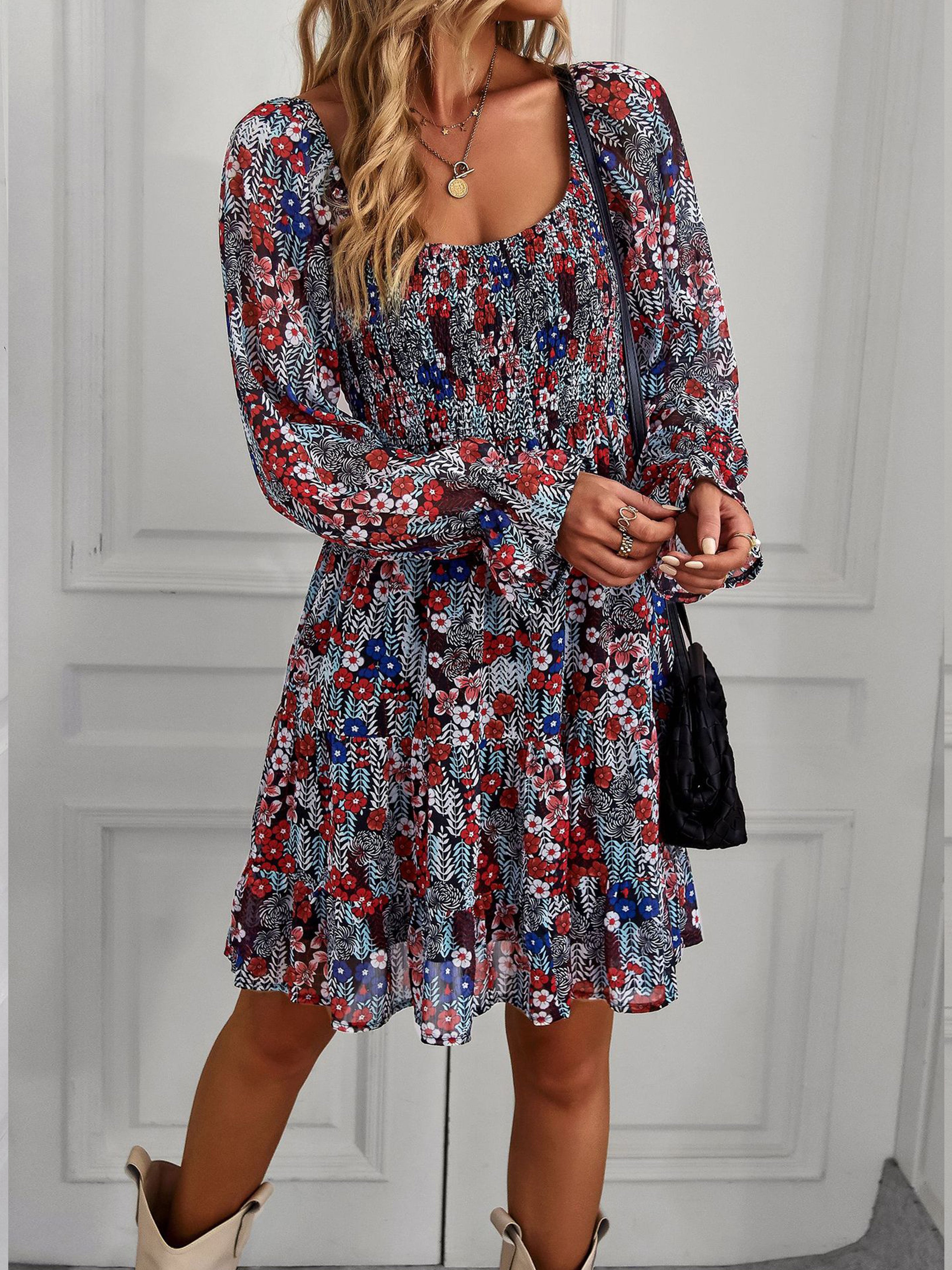 Robe Trapèze Col en Cuillère Manches Longues à Volants Robe Invitée de Mariage en Rouge