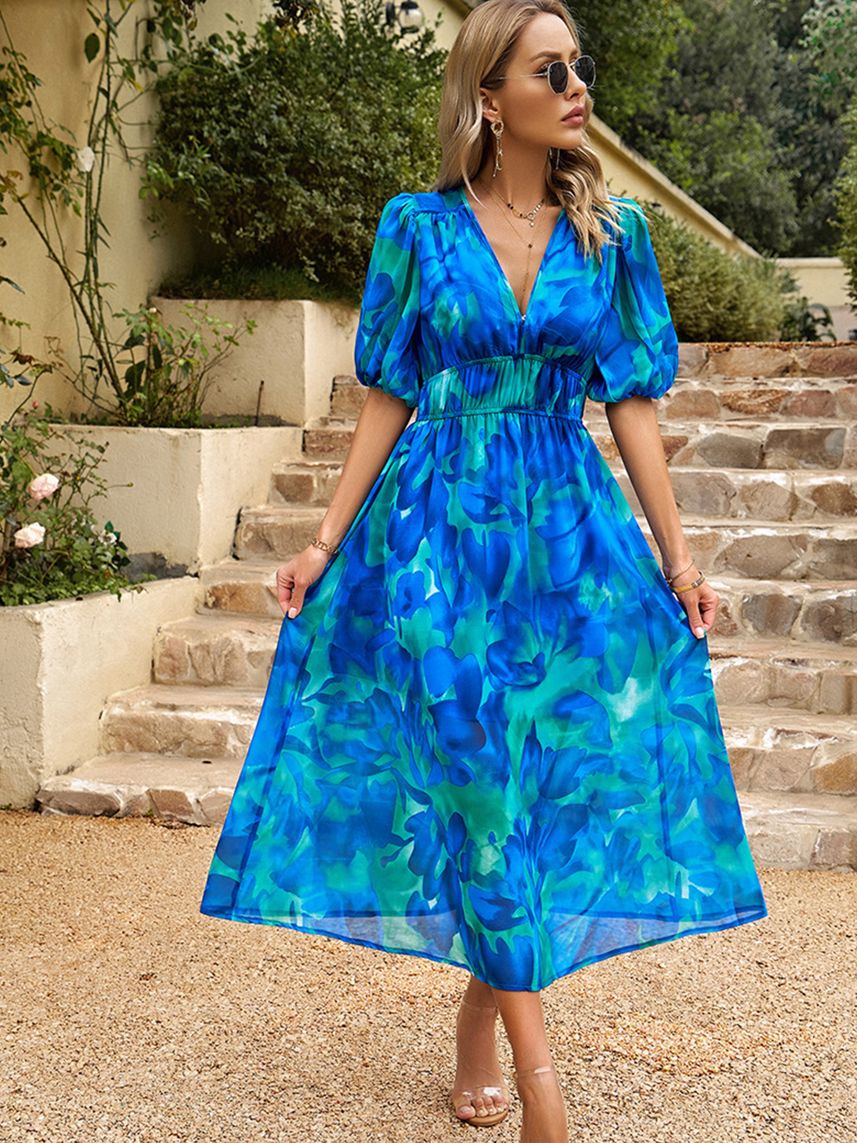 Robe Trapèze Col V Manches Courtes Robe Invitée de Mariage en Bleu