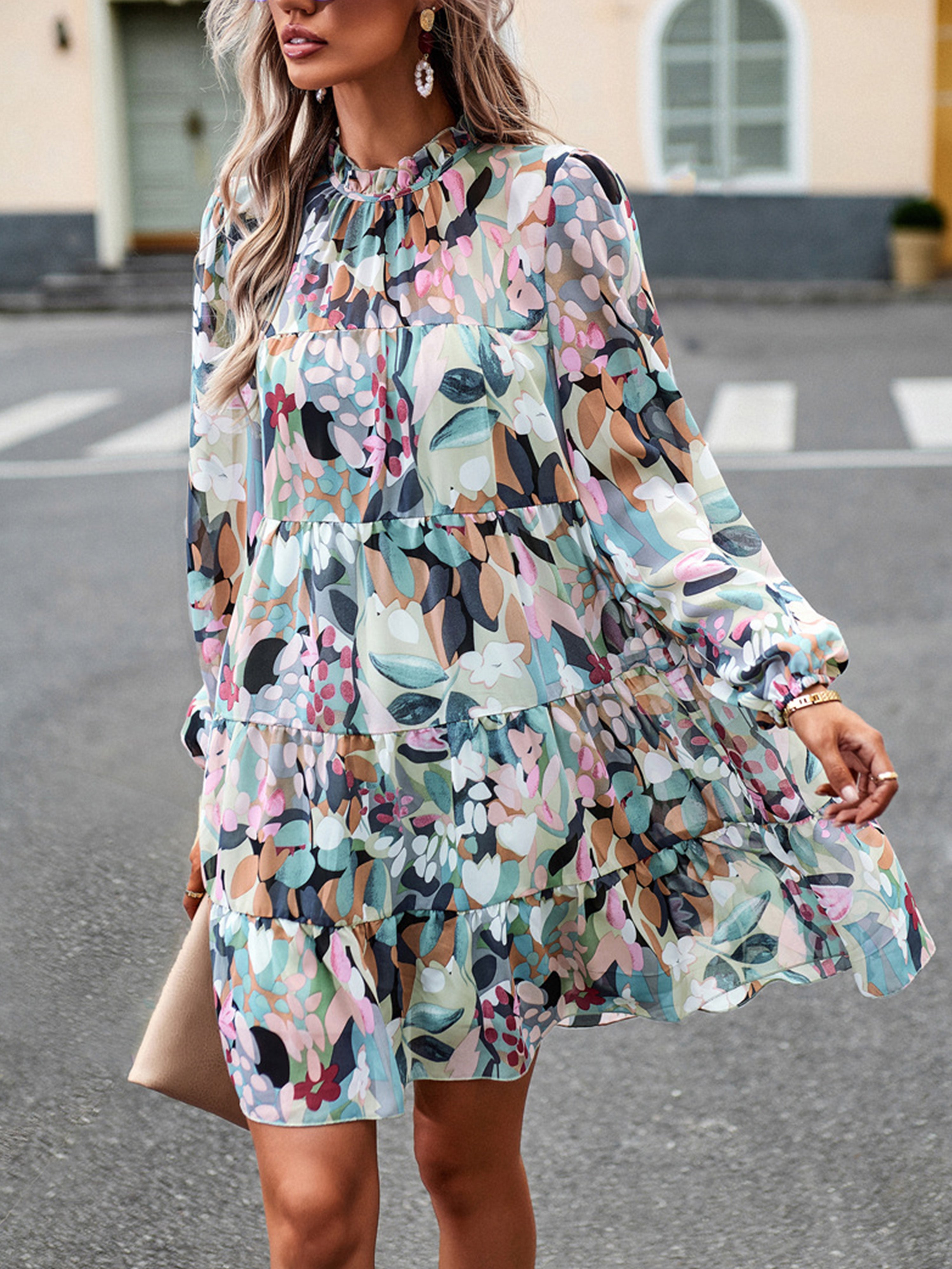 Robe Florale en Vert Trapèze Col Roulé Mi-Haut Manches Longues Robe Invitée de Mariage