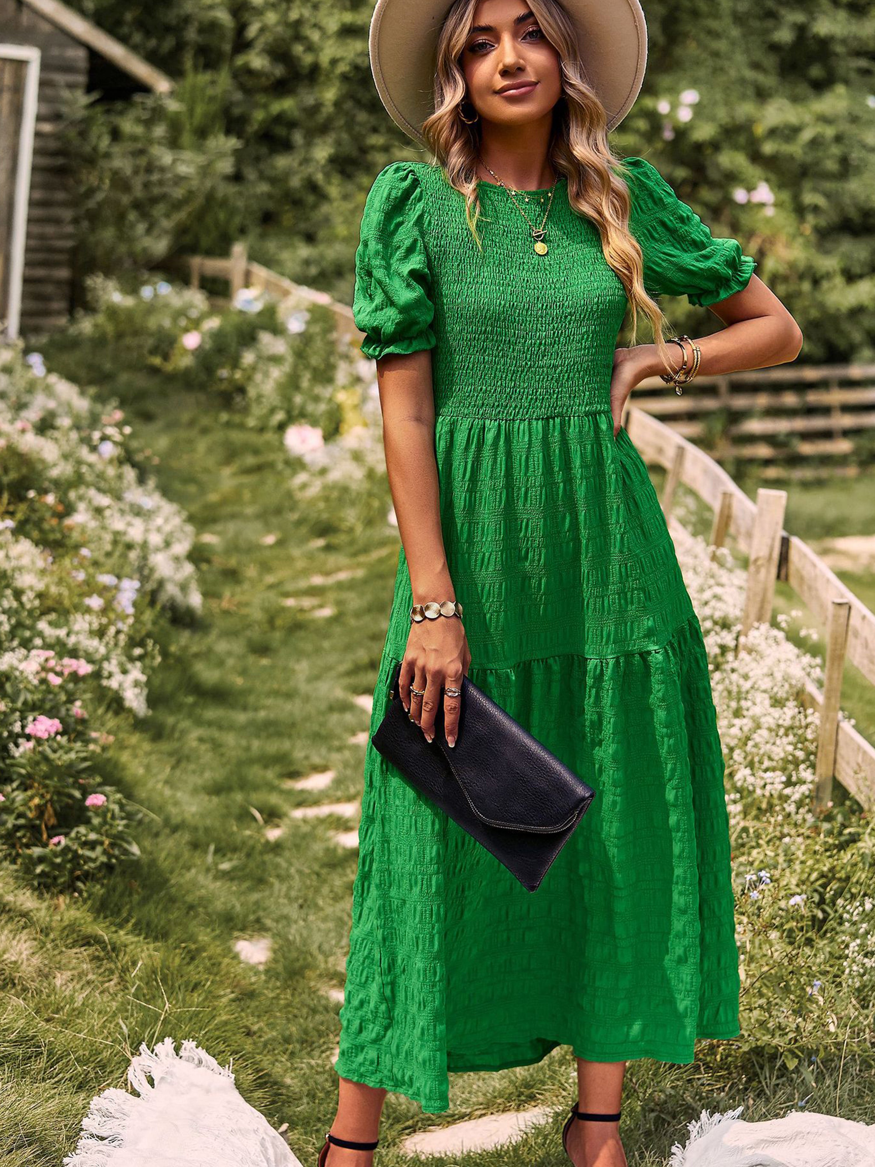 Robe Longue Trapèze Col Rond Manches Courtes à Volants Robe Invitée de Mariage en Vert