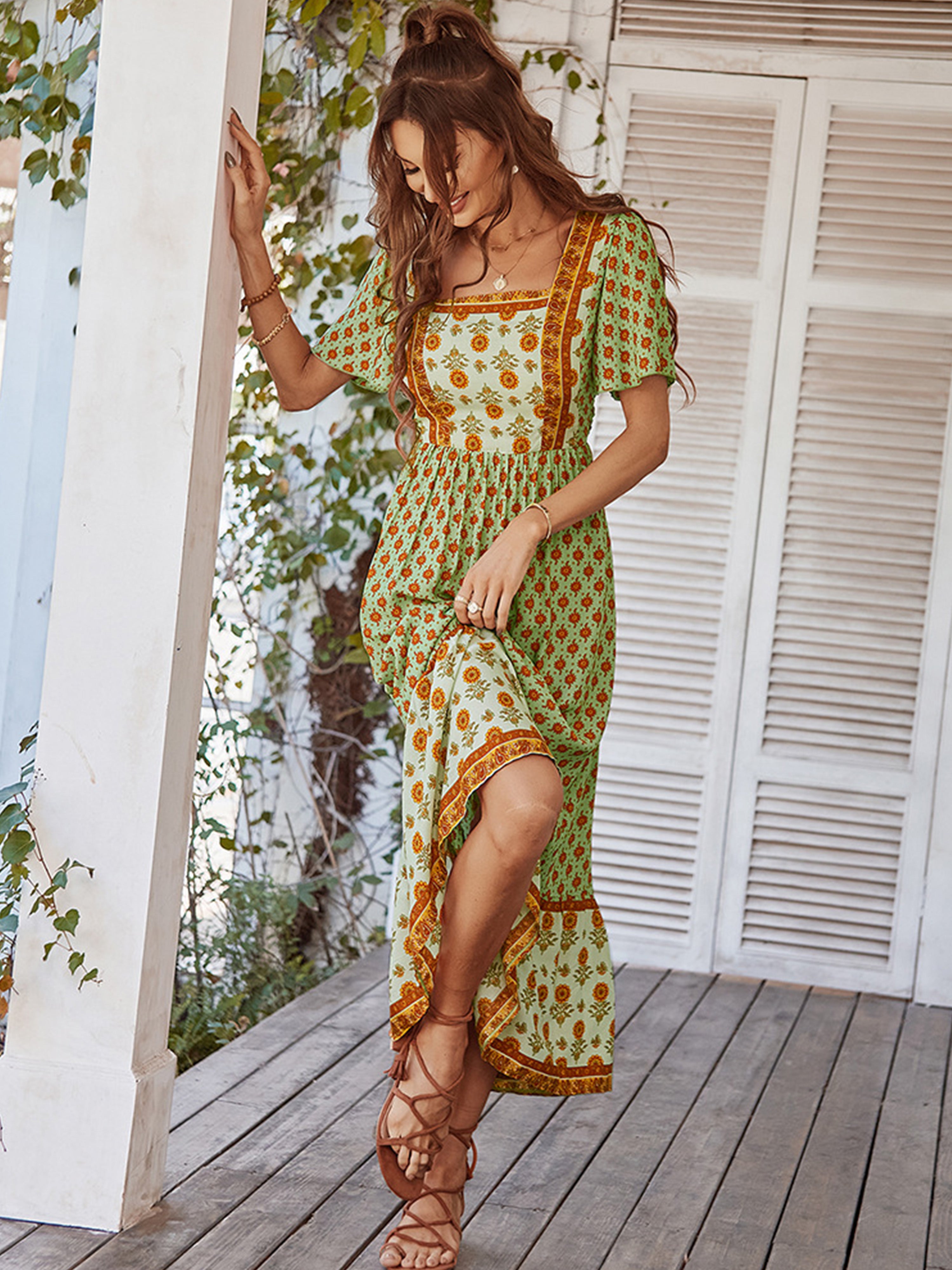 Robe Trapèze Col Carré Manches Courtes Robe Invitée de Mariage en Vert