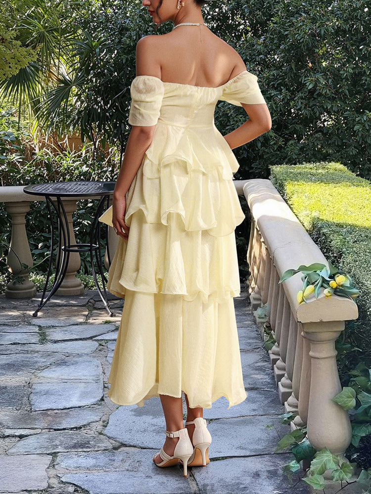 Robe de Mariage Guest Jaune Clair Encolure Carrée Manches Ballon à Superpositions