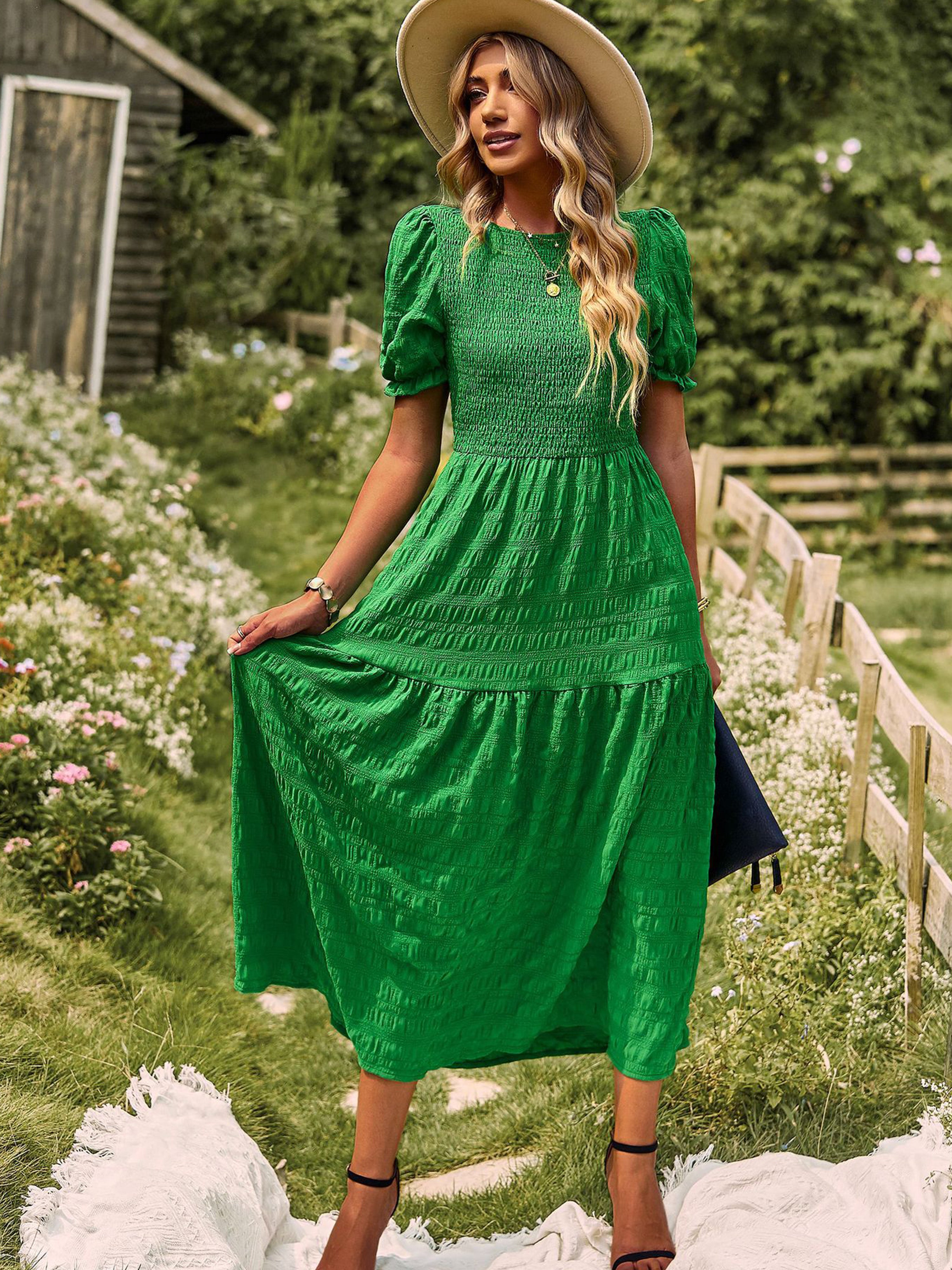 Robe Longue Trapèze Col Rond Manches Courtes à Volants Robe Invitée de Mariage en Vert