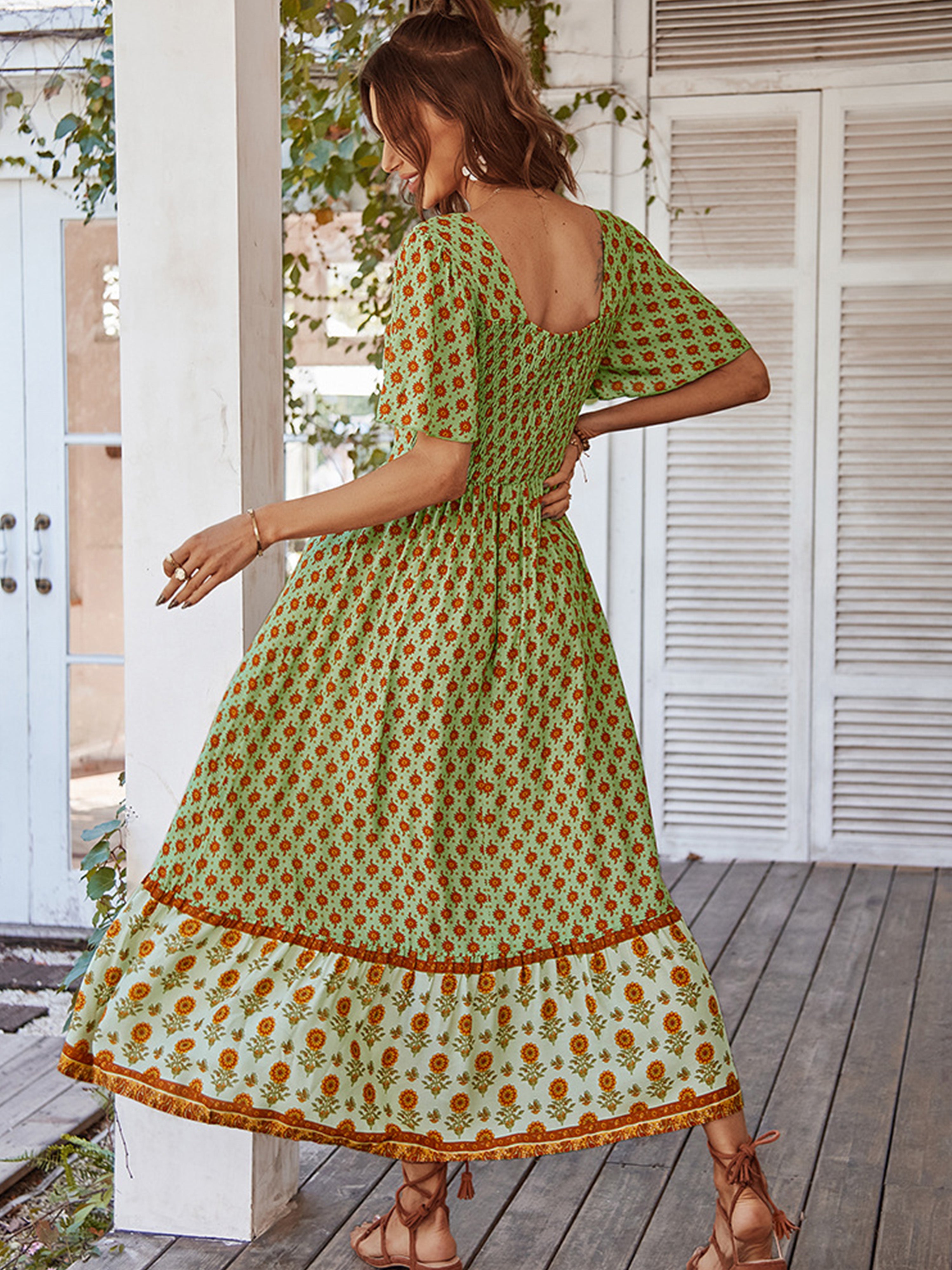 Robe Trapèze Col Carré Manches Courtes Robe Invitée de Mariage en Vert