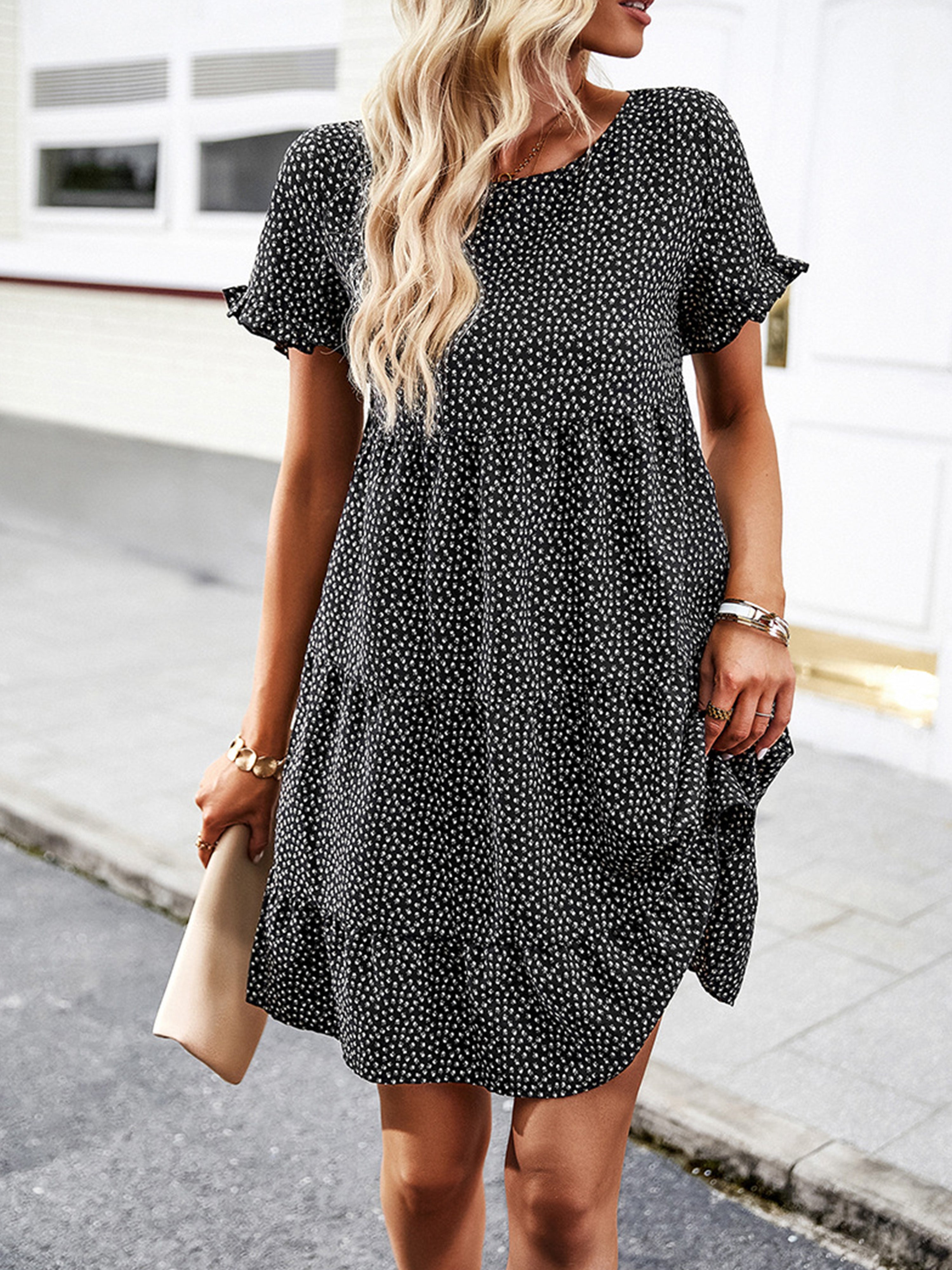 Robe Col Rond Manches Courtes à Volants Robe Invitée de Mariage en Noir