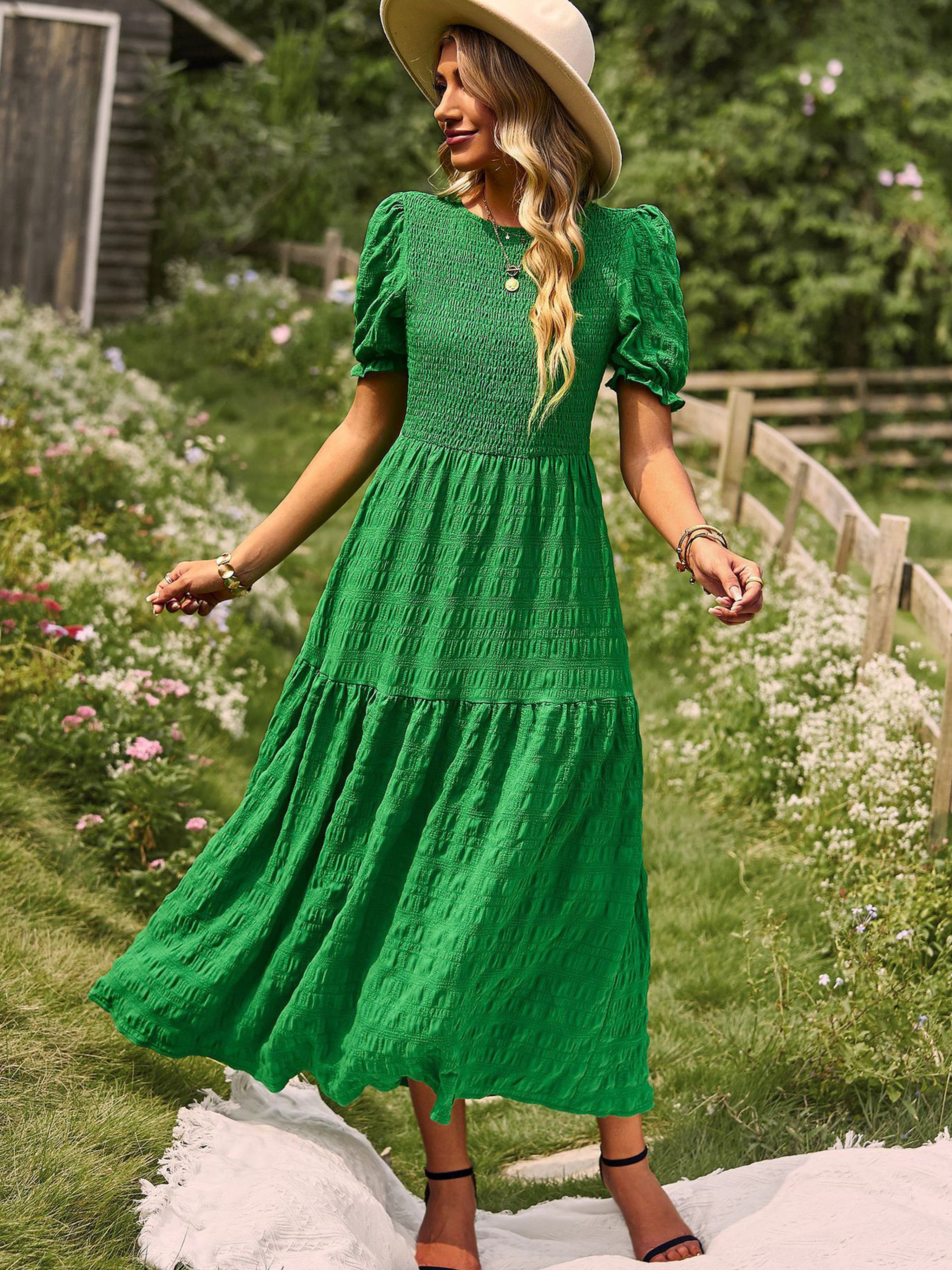 Robe Longue Trapèze Col Rond Manches Courtes à Volants Robe Invitée de Mariage en Vert