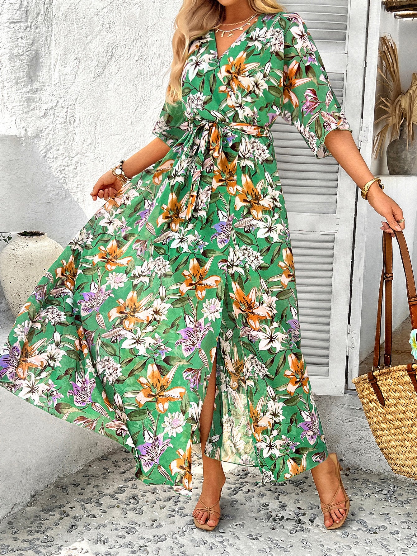 Robe Florale en Vert Trapèze Col V Manches Mi-Longue Robe Invitée de Mariage