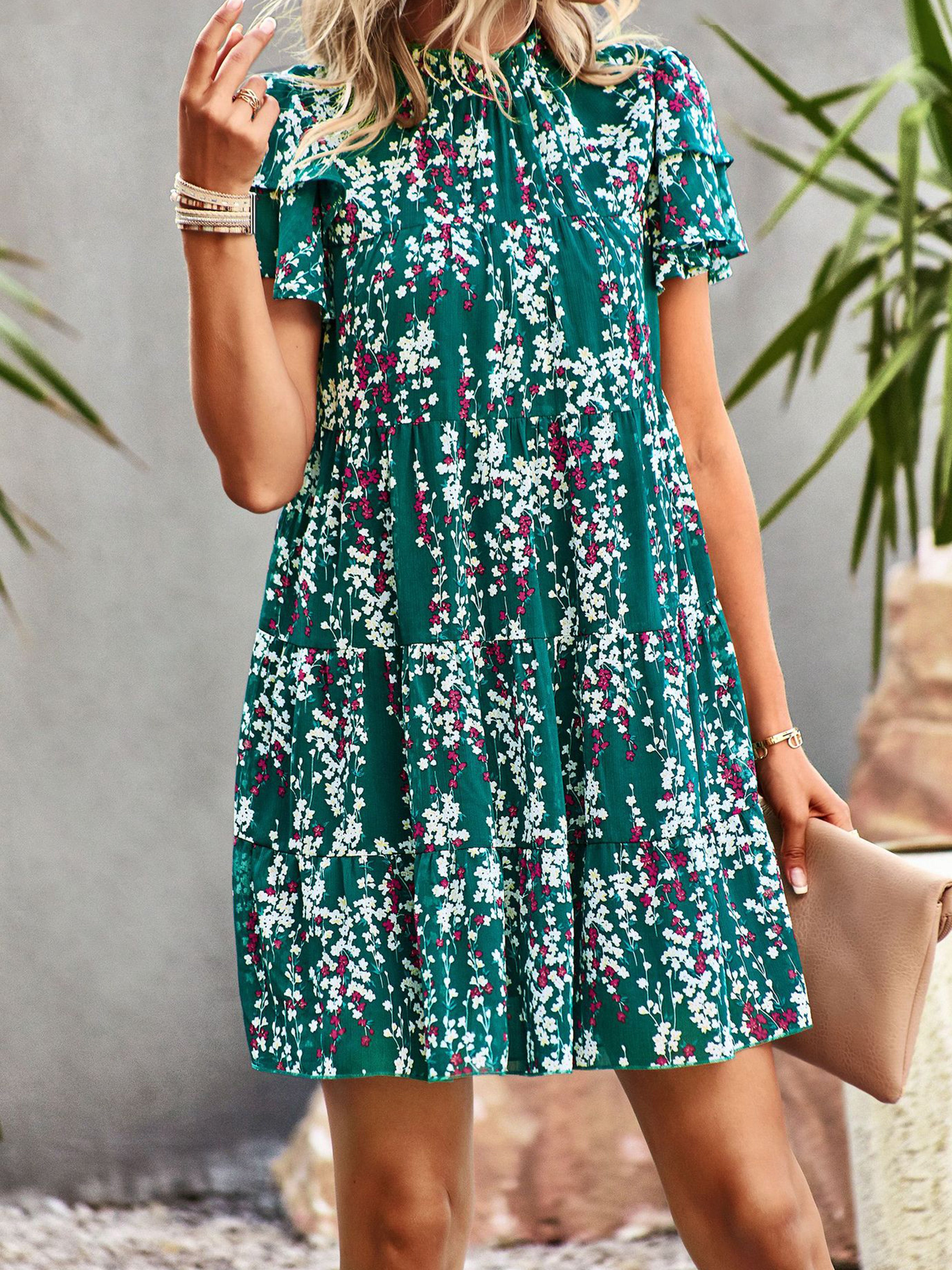 Robe Trapèze Col Roulé Mi-Haut Manches Courtes Robe Invitée de Mariage en Vert