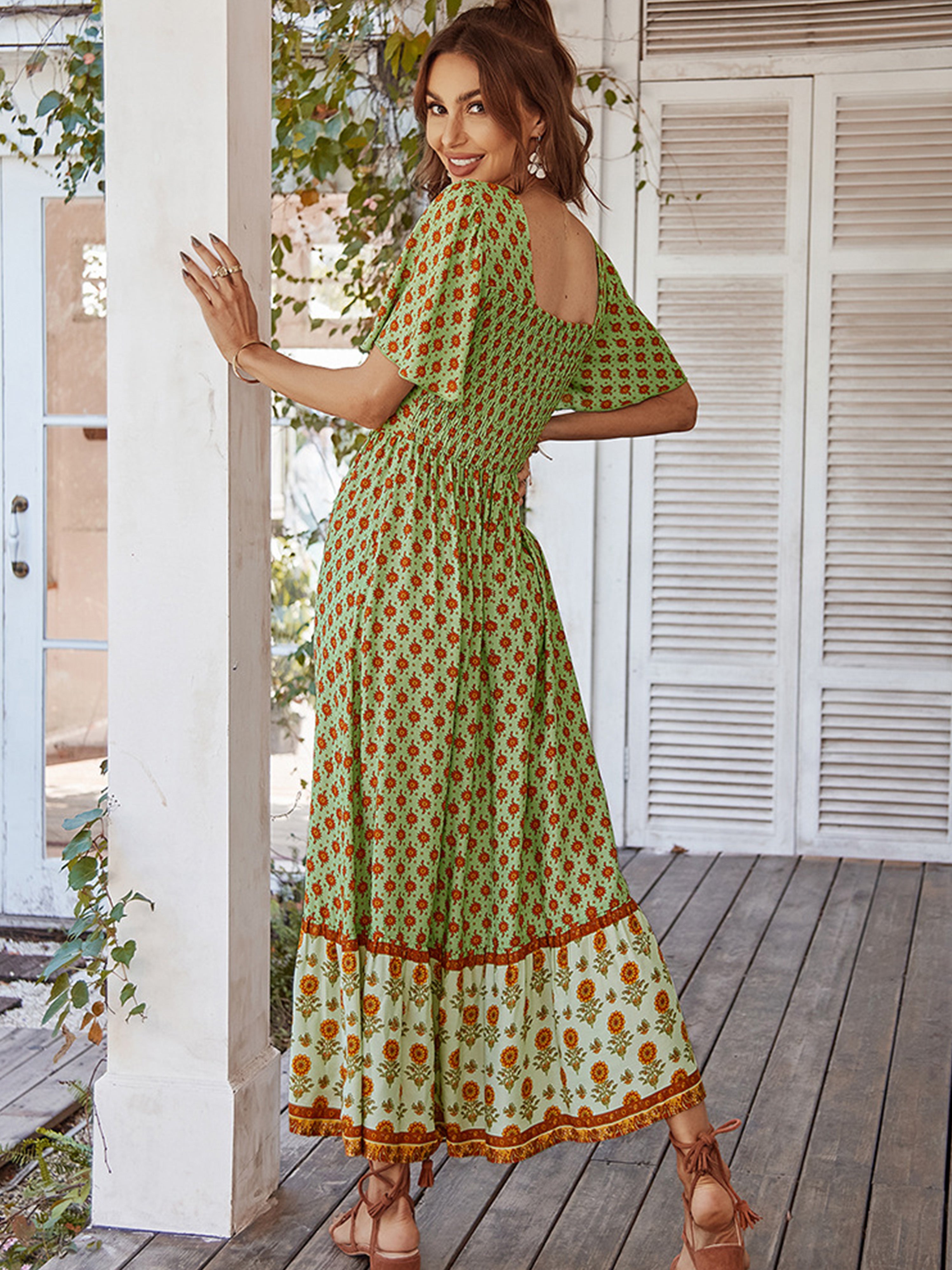 Robe Trapèze Col Carré Manches Courtes Robe Invitée de Mariage en Vert