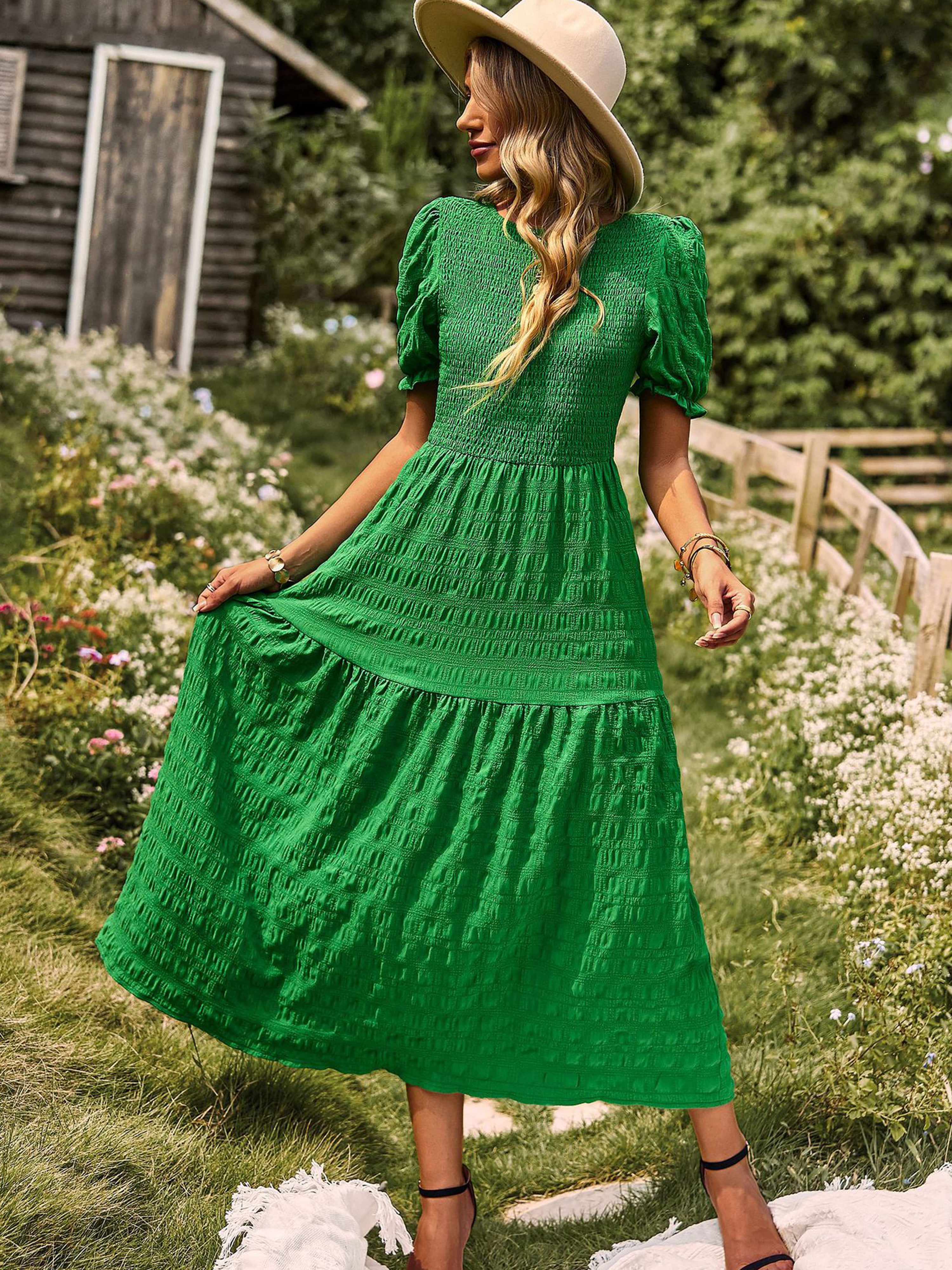 Robe Longue Trapèze Col Rond Manches Courtes à Volants Robe Invitée de Mariage en Vert