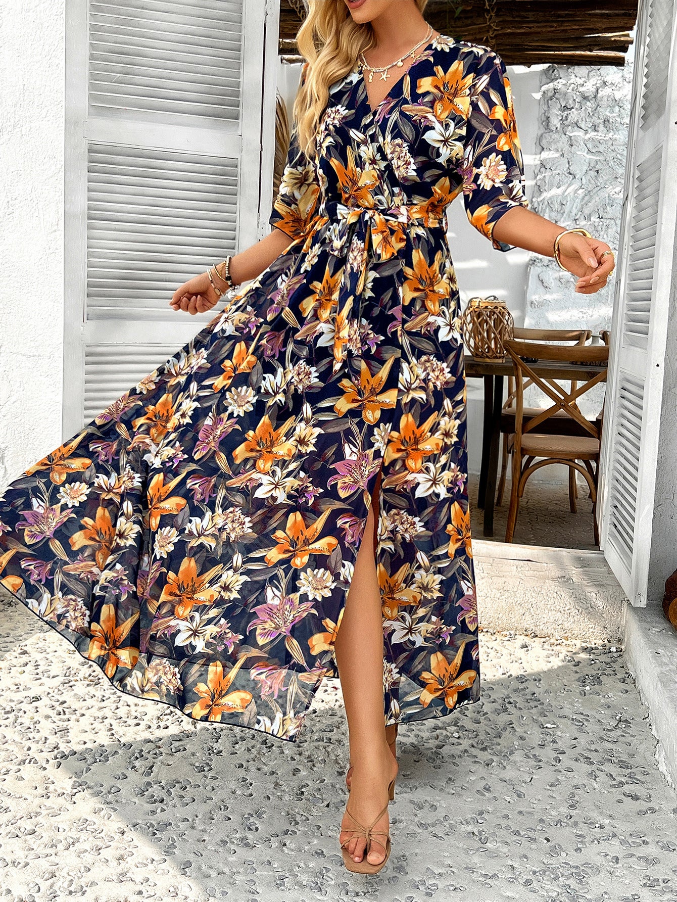 Robe Florale en Bleu Marine Trapèze Col V Manches Mi-Longue Robe Invitée de Mariage