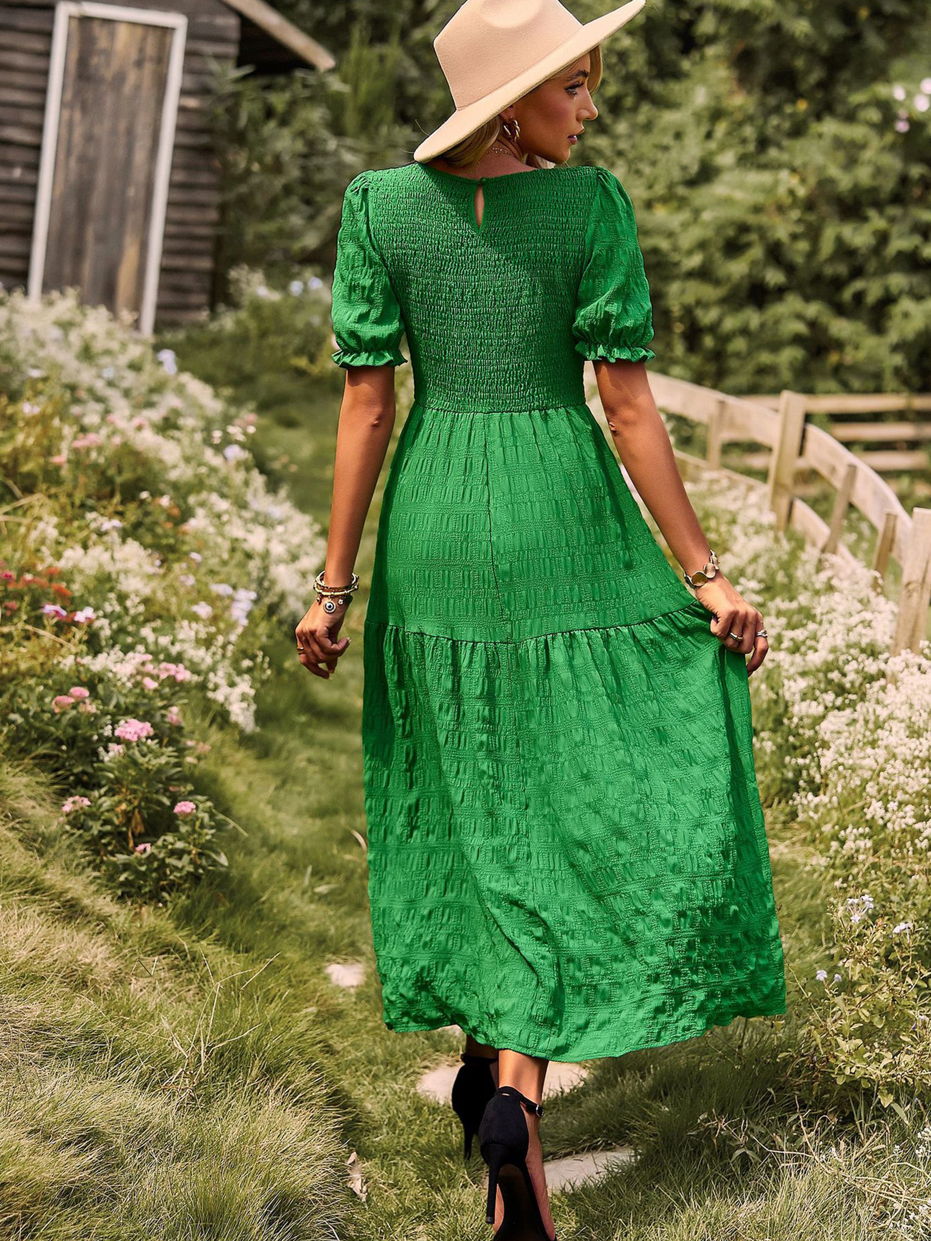 Robe Longue Trapèze Col Rond Manches Courtes à Volants Robe Invitée de Mariage en Vert