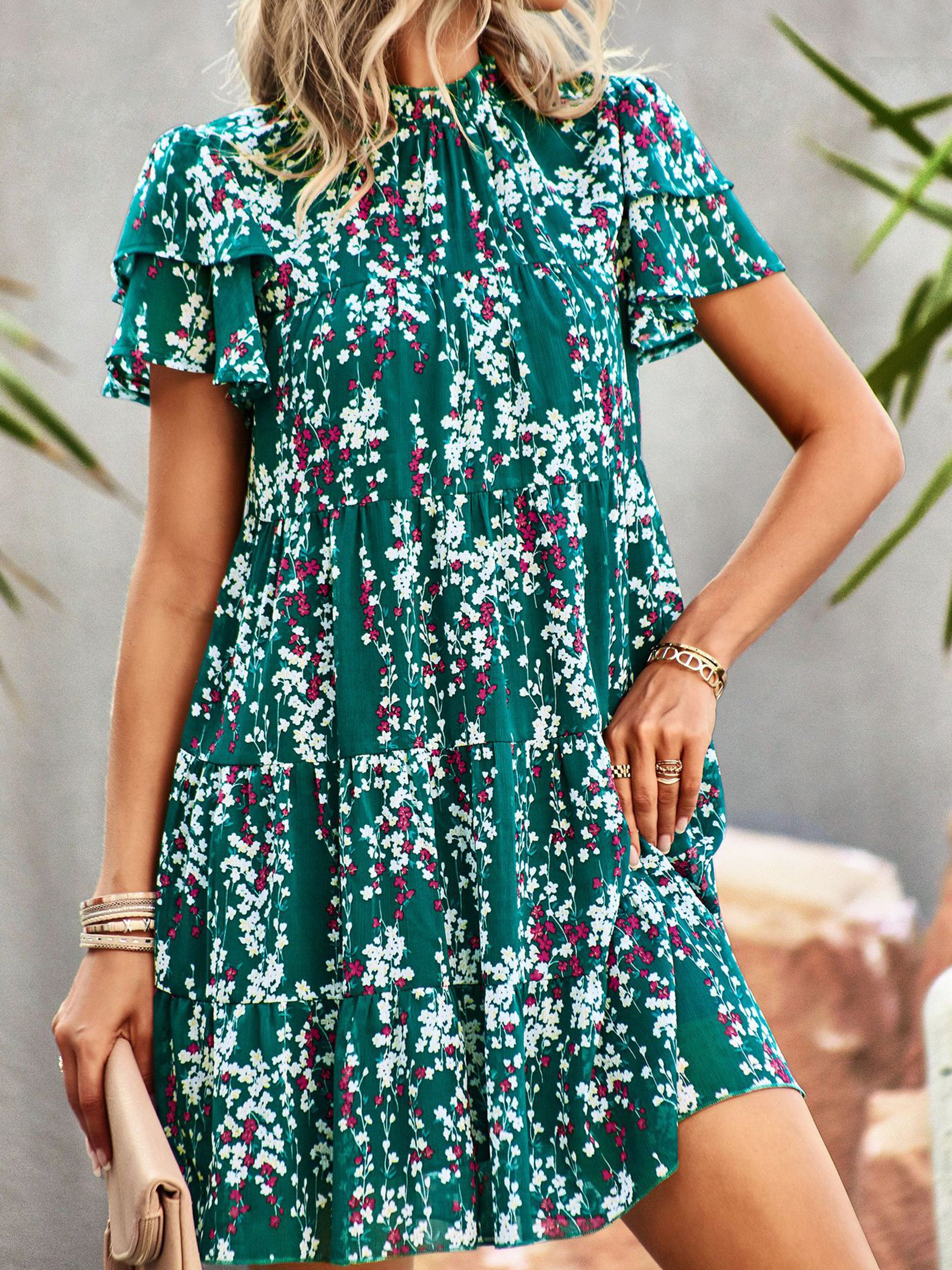 Robe Trapèze Col Roulé Mi-Haut Manches Courtes Robe Invitée de Mariage en Vert