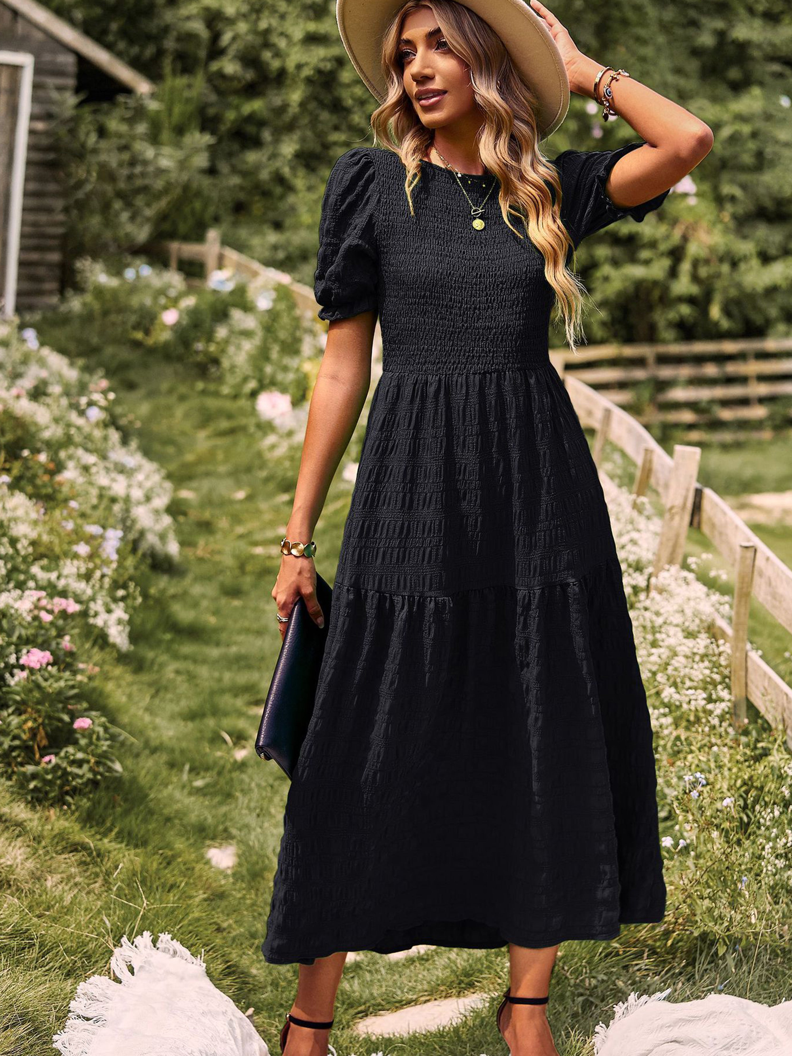 Robe Longue Trapèze Col Rond Manches Courtes à Volants Robe Invitée de Mariage en Noir