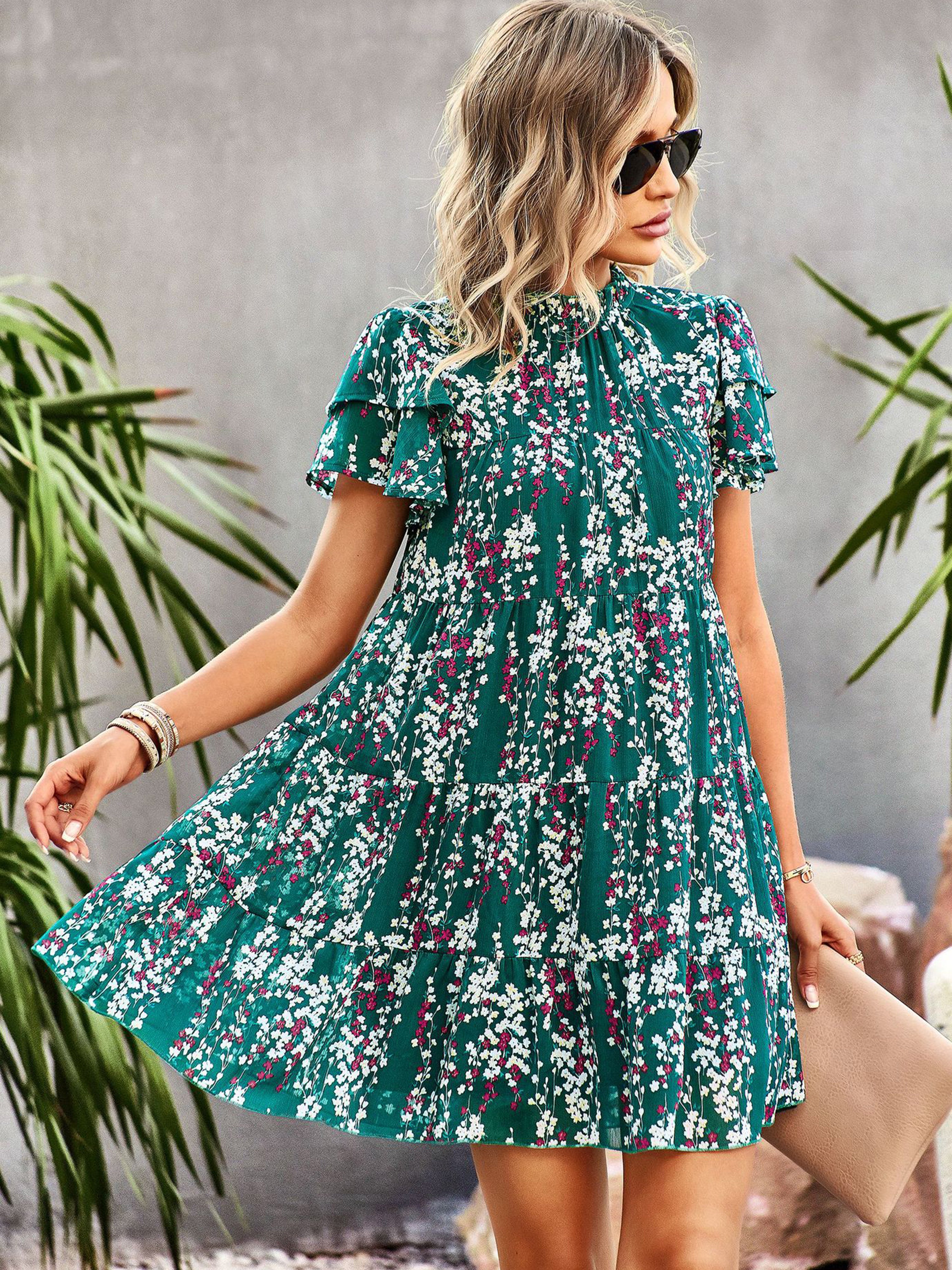 Robe Trapèze Col Roulé Mi-Haut Manches Courtes Robe Invitée de Mariage en Vert