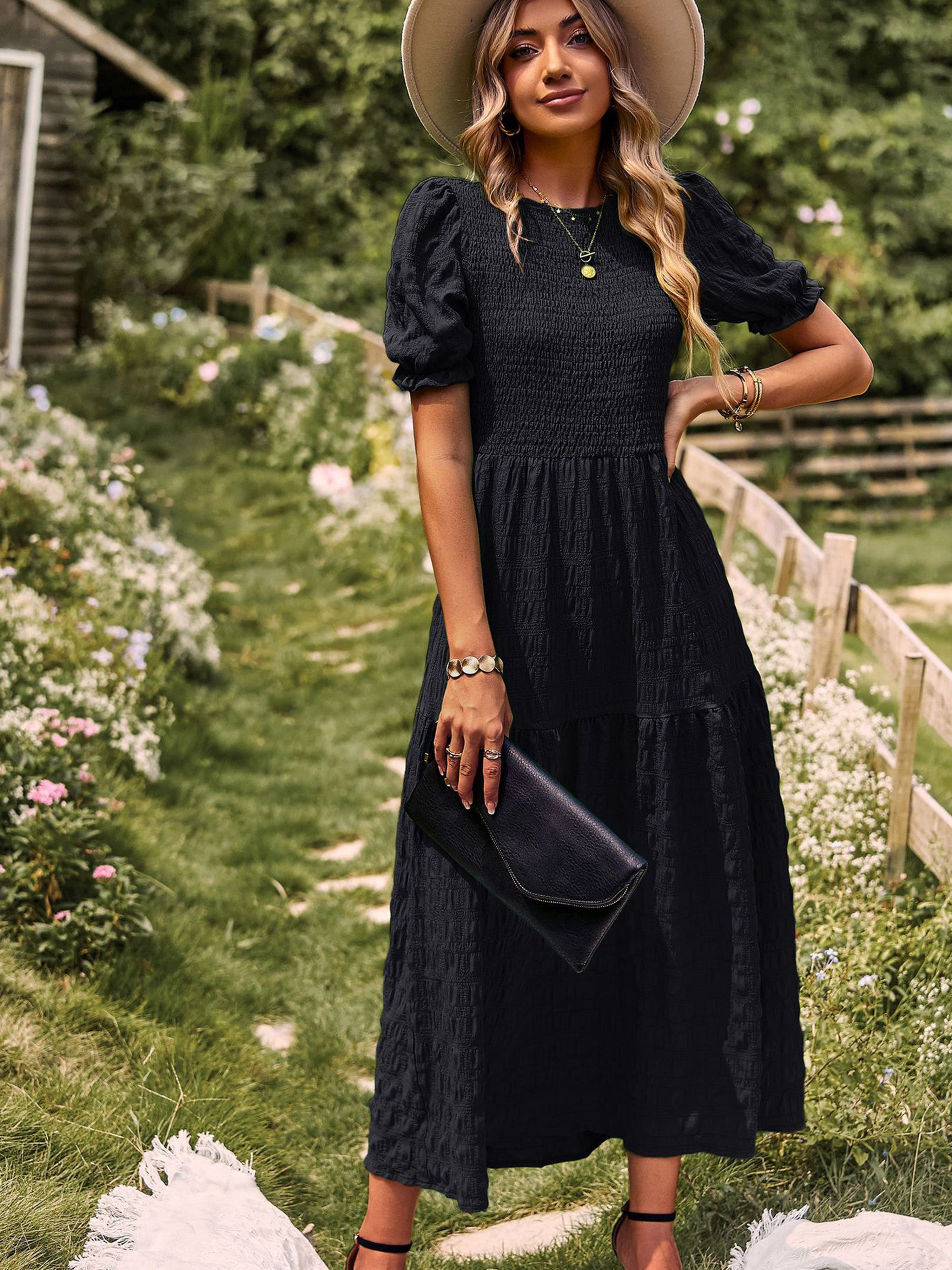 Robe Longue Trapèze Col Rond Manches Courtes à Volants Robe Invitée de Mariage en Noir