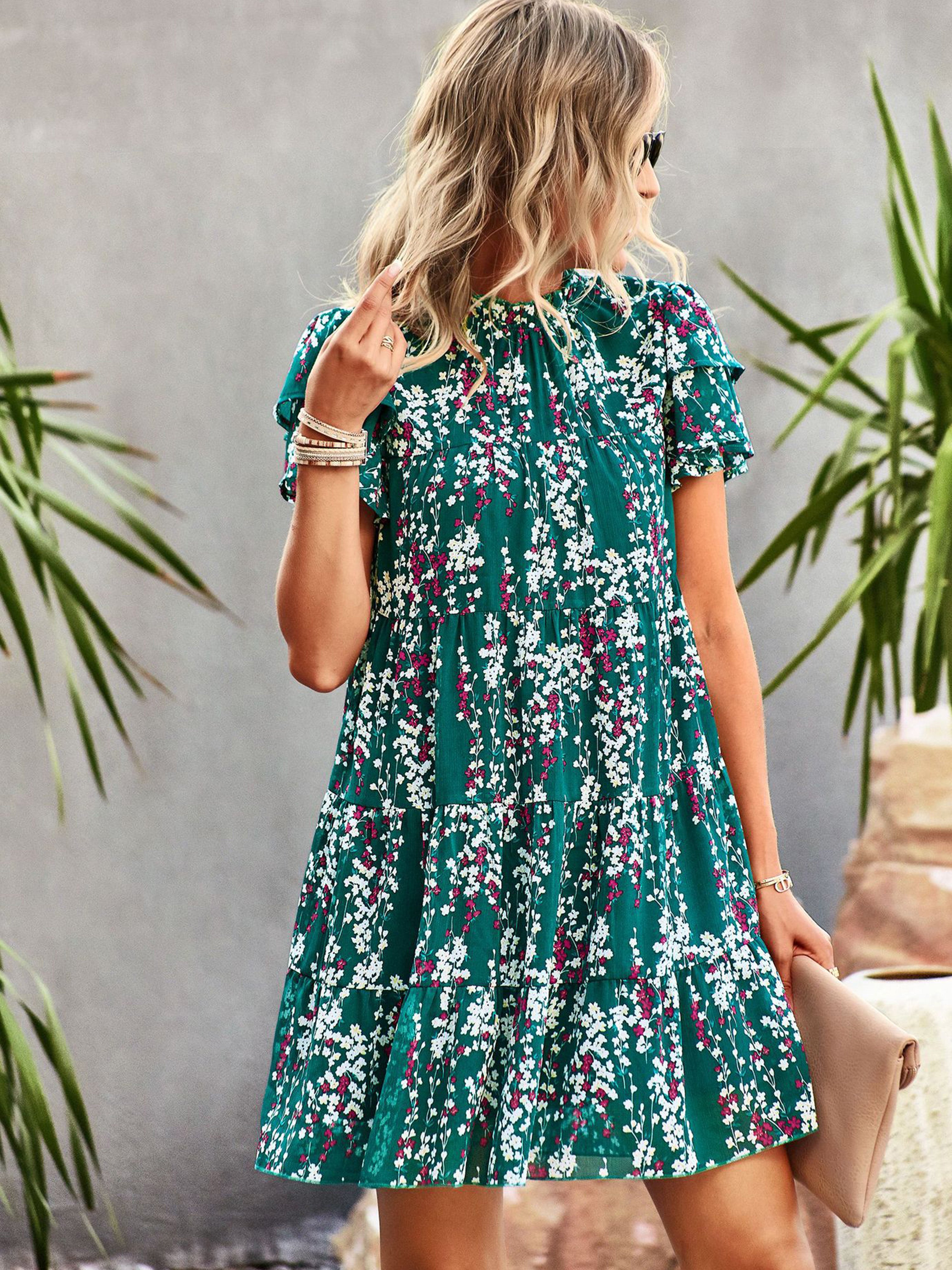 Robe Trapèze Col Roulé Mi-Haut Manches Courtes Robe Invitée de Mariage en Vert