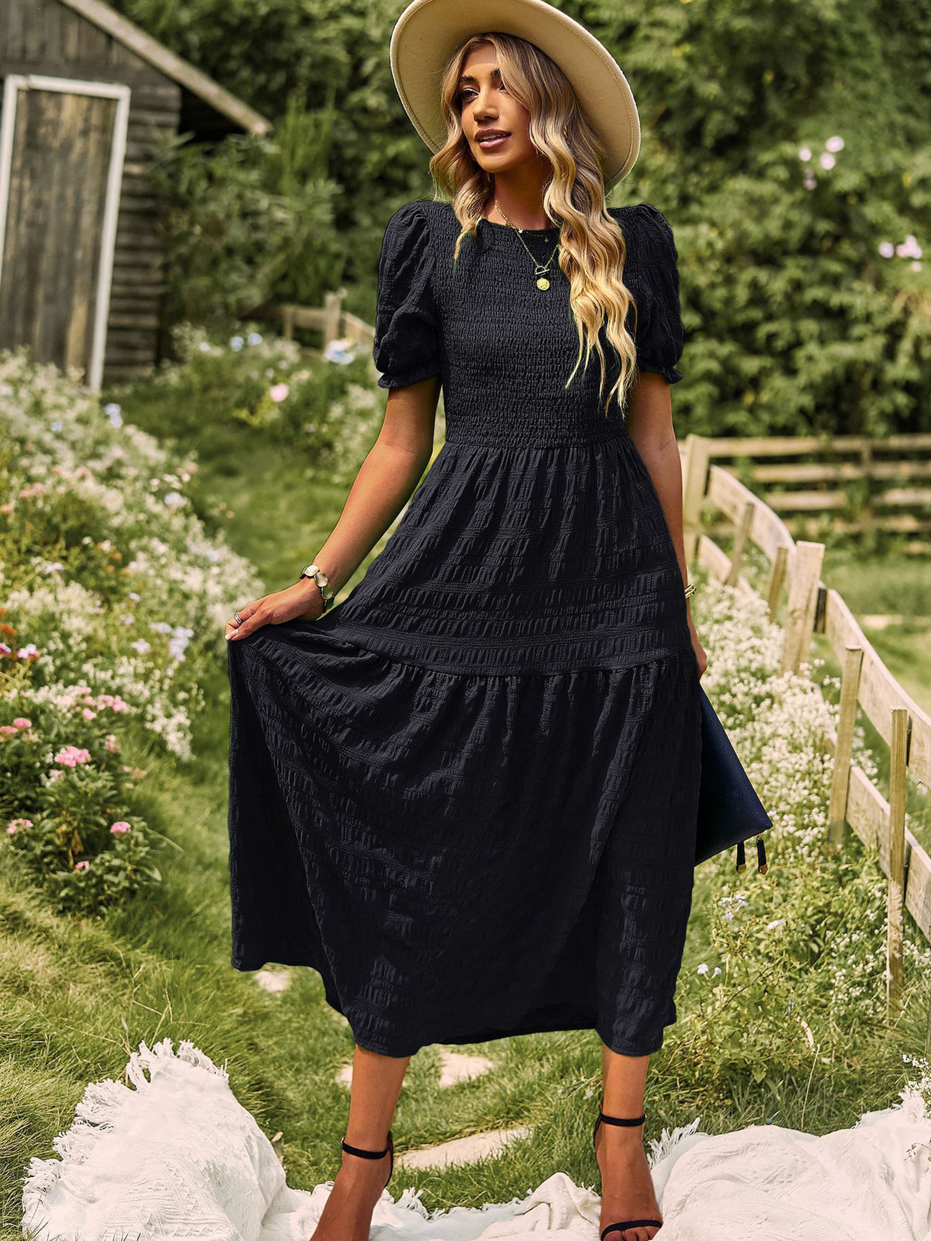 Robe Longue Trapèze Col Rond Manches Courtes à Volants Robe Invitée de Mariage en Noir