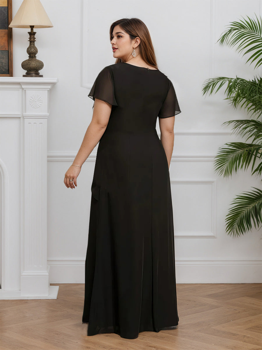Cicinia Noir Robe pour Mère de la Mariée Longue en Mousseline Fourreau Manches Courtes Col Rond Longueur Sol Grande Taille
