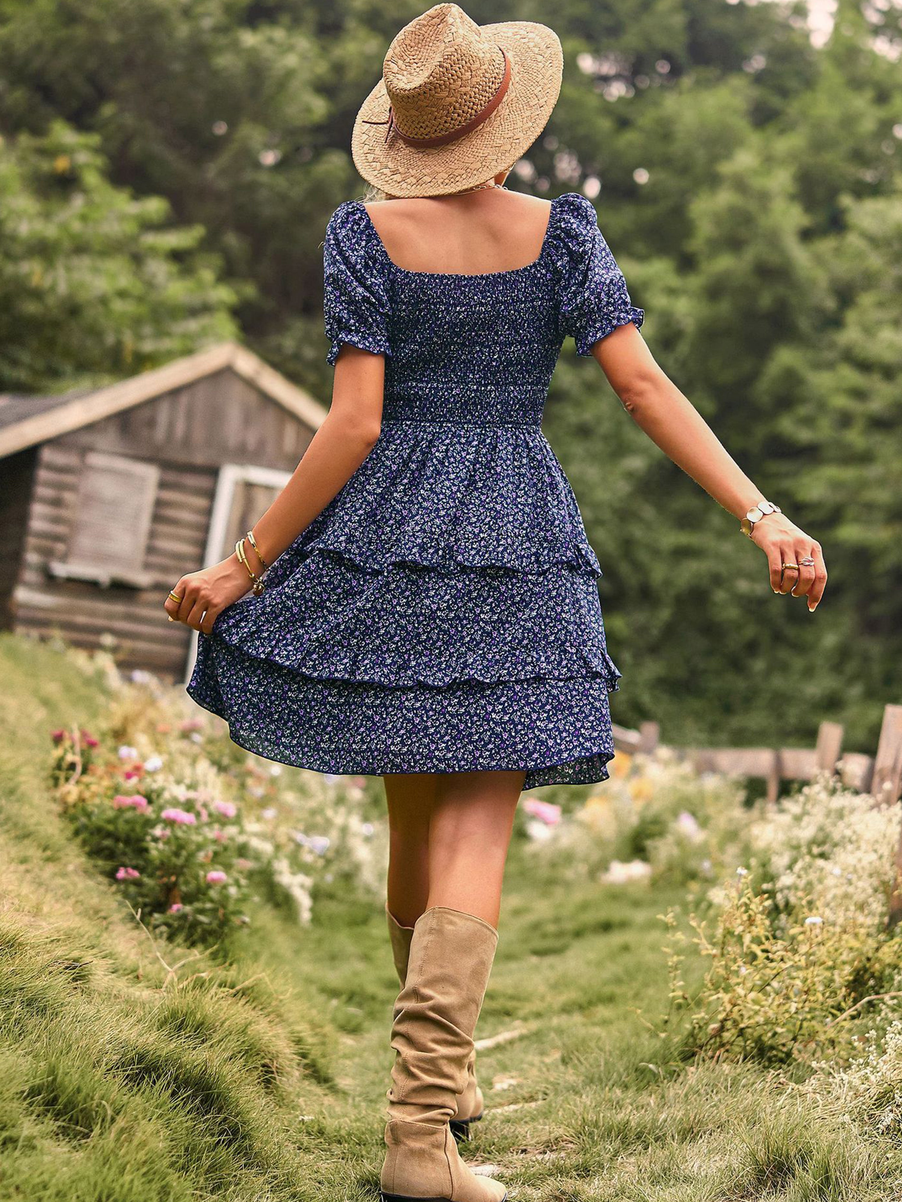 Robe Col Rond Manches Courtes Trapèze Robe Invitée de Mariage en Bleu Royale