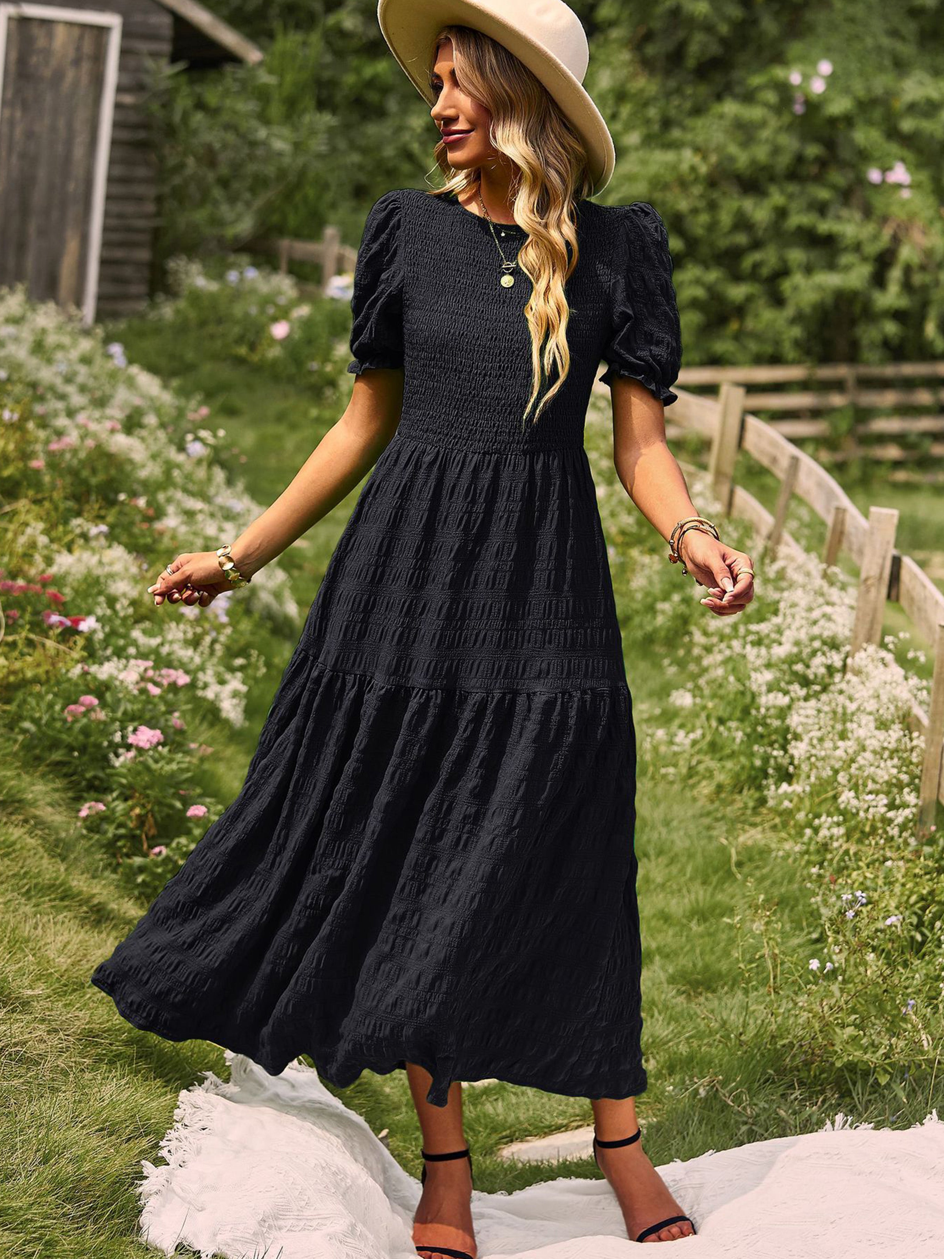 Robe Longue Trapèze Col Rond Manches Courtes à Volants Robe Invitée de Mariage en Noir